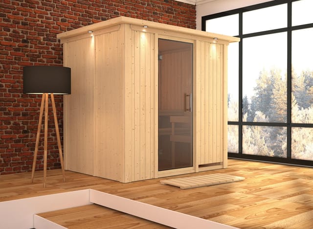 Karibu Sauna Bodin, mit Dachkranz, Ganzglastür,graphit