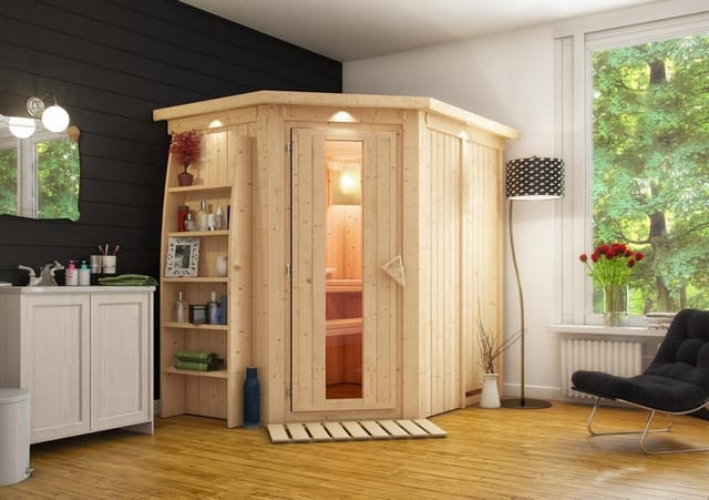 Karibu Sauna Carin, mit Dachkranz, Holztür mit Isolierglas,Klarglas