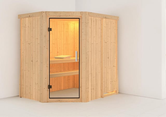 Karibu Sauna Carin, ohne Dachkranz, Ganzglastür,Klarglas