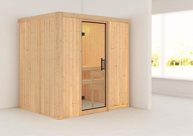 Karibu Sauna Bodin, ohne Dachkranz, Ganzglastür,Klarglas