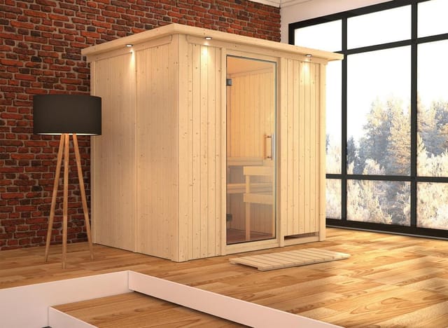 Karibu Sauna Bodin, mit Dachkranz, Ganzglastür,Klarglas