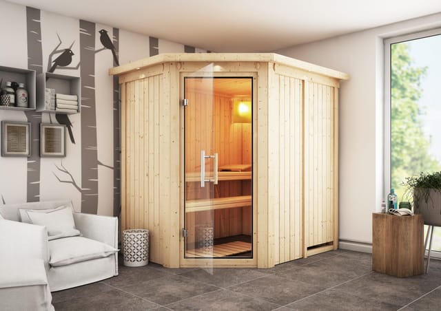 Karibu Sauna Carin, mit Dachkranz, Ganzglastür,Klarglas