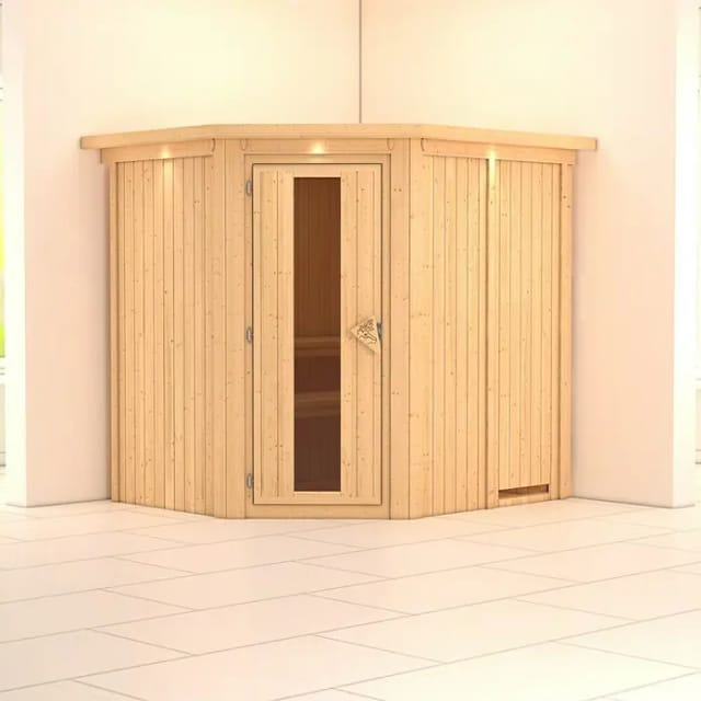 Karibu Sauna Siirin, mit Dachkranz, Holztür mit Isolierglas,Klarglas