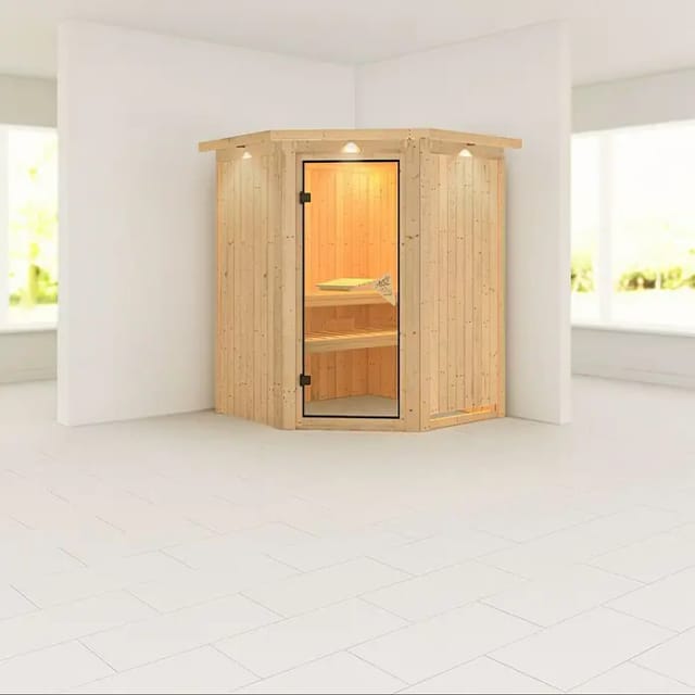 Karibu Sauna Nanja, ohne Ofen, bronziert,Ganzglastür,mit Dachkranz