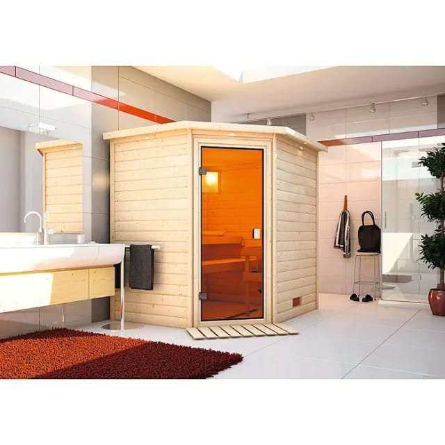Karibu Woodfeeling Sauna Mia, mit Dachkranz, bronziert,Ganzglastür