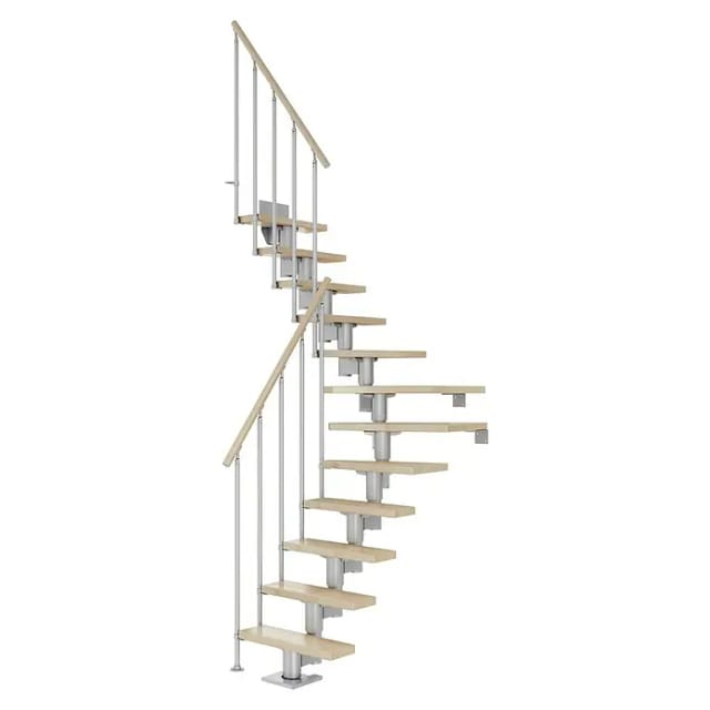 DOLLE Mittelholmtreppe Dublin, inkl. einseitigem Geländer, Einzelstab (perlgrau), 1/4 gewendelt,240 cm - 292 cm,65 cm,Buche