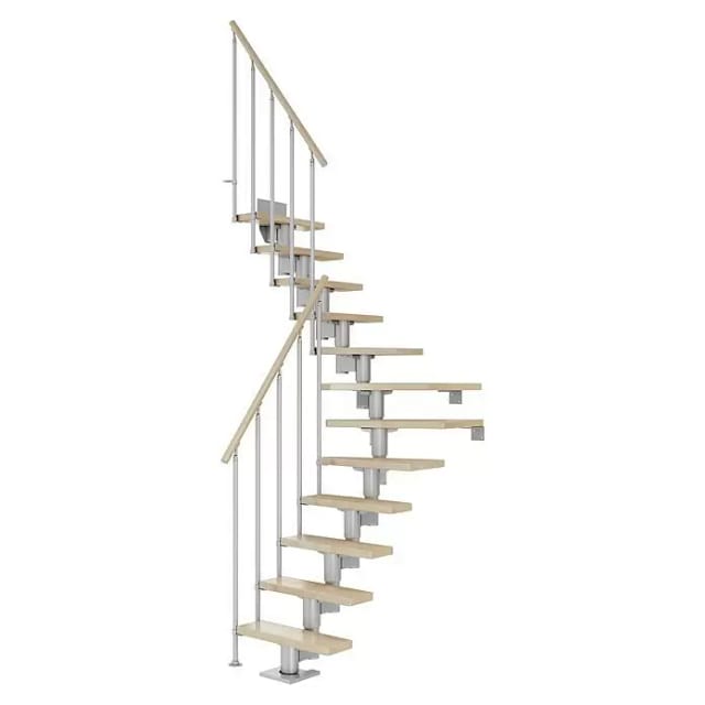 DOLLE Mittelholmtreppe Dublin, inkl. einseitigem Geländer, Einzelstab (perlgrau), 1/4 gewendelt,278 cm - 337 cm,65 cm,Buche