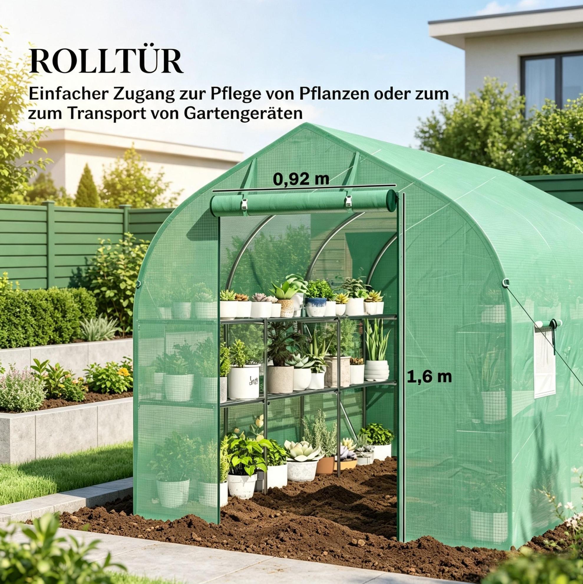 Gartentunnel-gewächshaus 198×293×194 Cm Aus Verzinktem Stahl Und Grünem Pe Mit Regalen – Meubliv