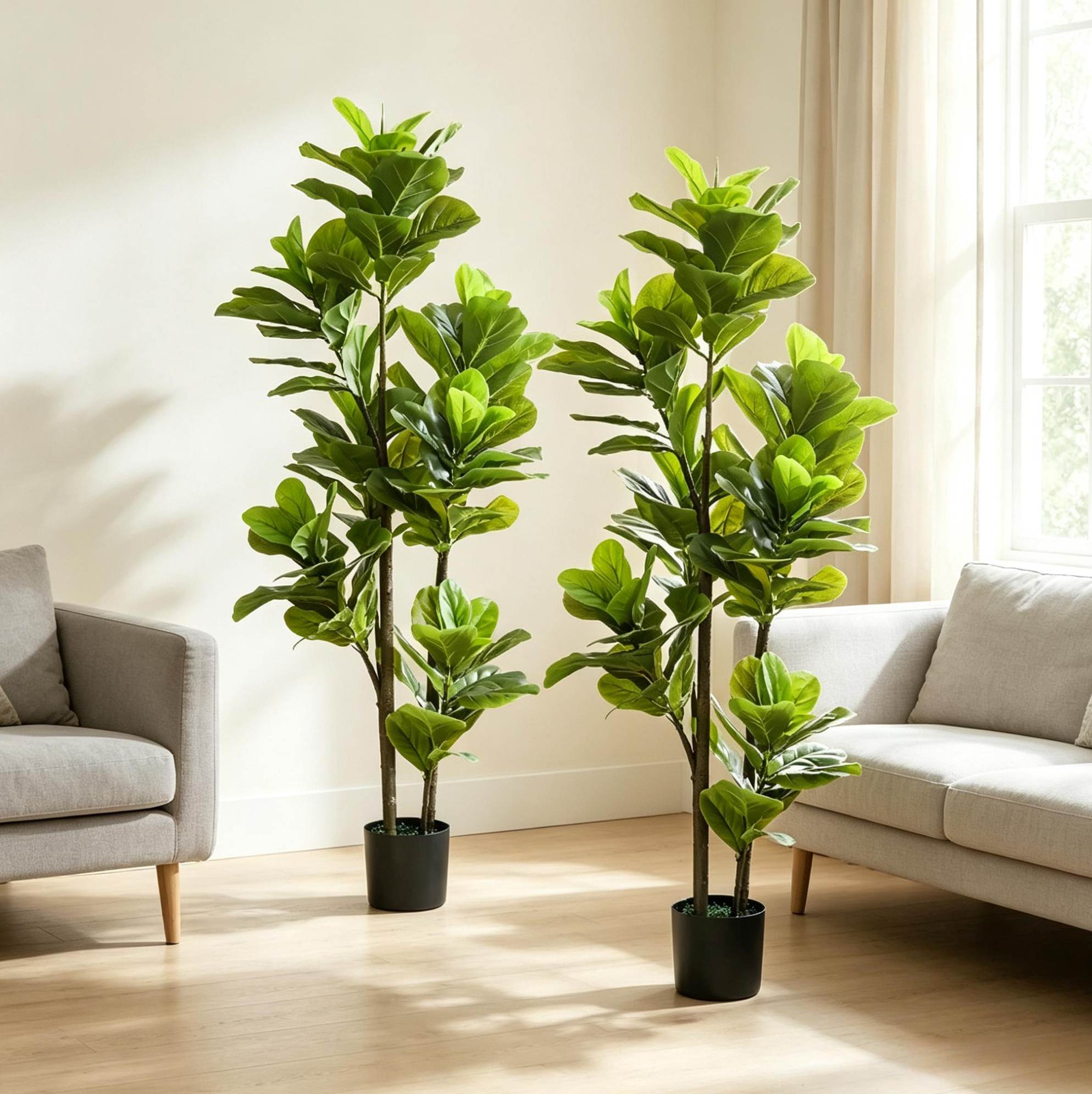 2 Künstliche Pflanzen 150 Cm Aus Grünem Kunststoff Mit Zementtopf Für Wohnzimmer – Meubliv