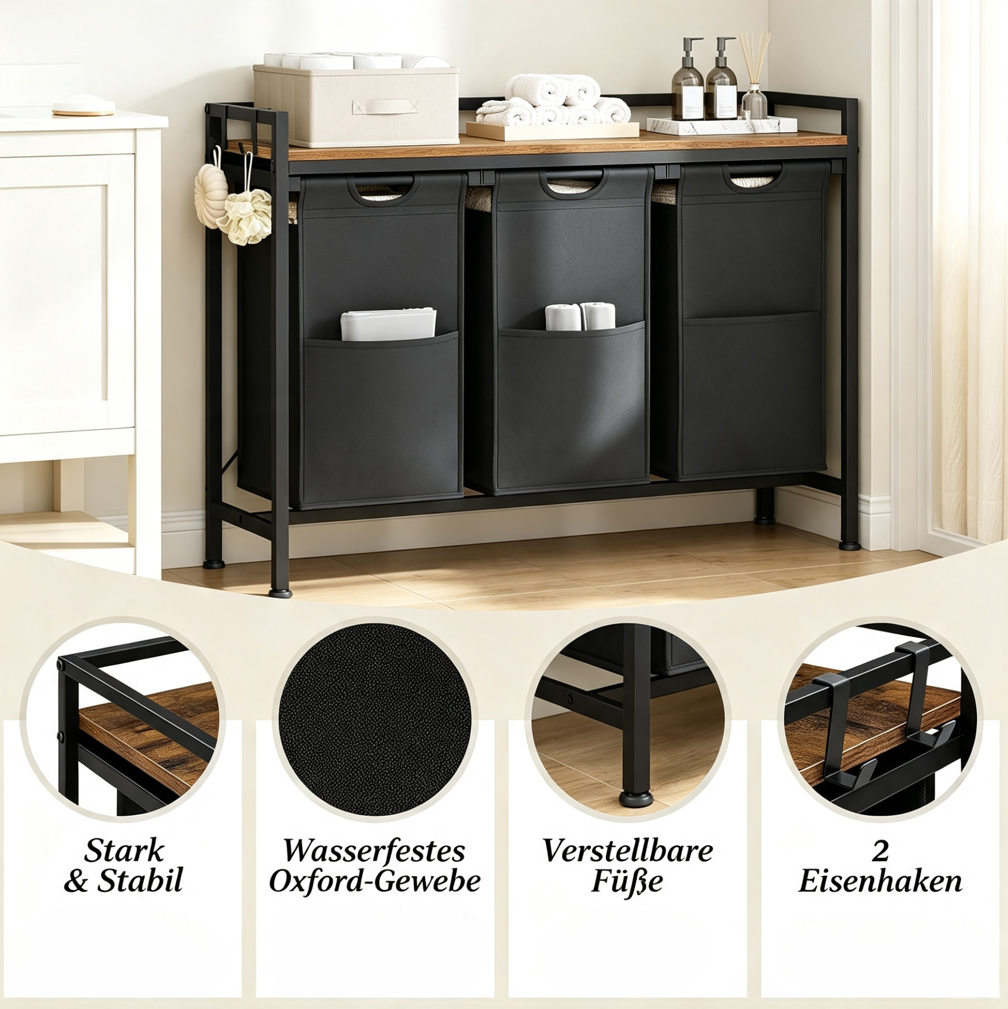 Wäschesammler 96×30×71 Cm Aus Metall Und Holz, Schwarz-braun, 3 Herausnehmbare Körbe – Meubliv