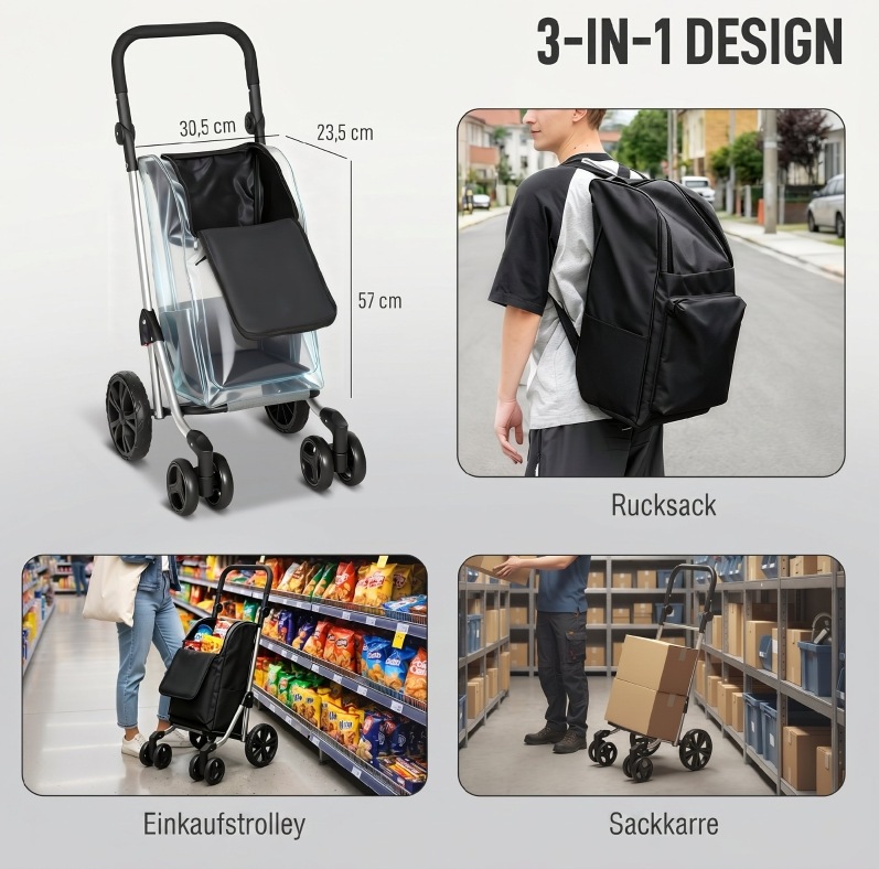 Einkaufswagen 58 X 44 X 100 Cm, Aluminium & Schwarzes Polyester, Klappbar – Meubliv