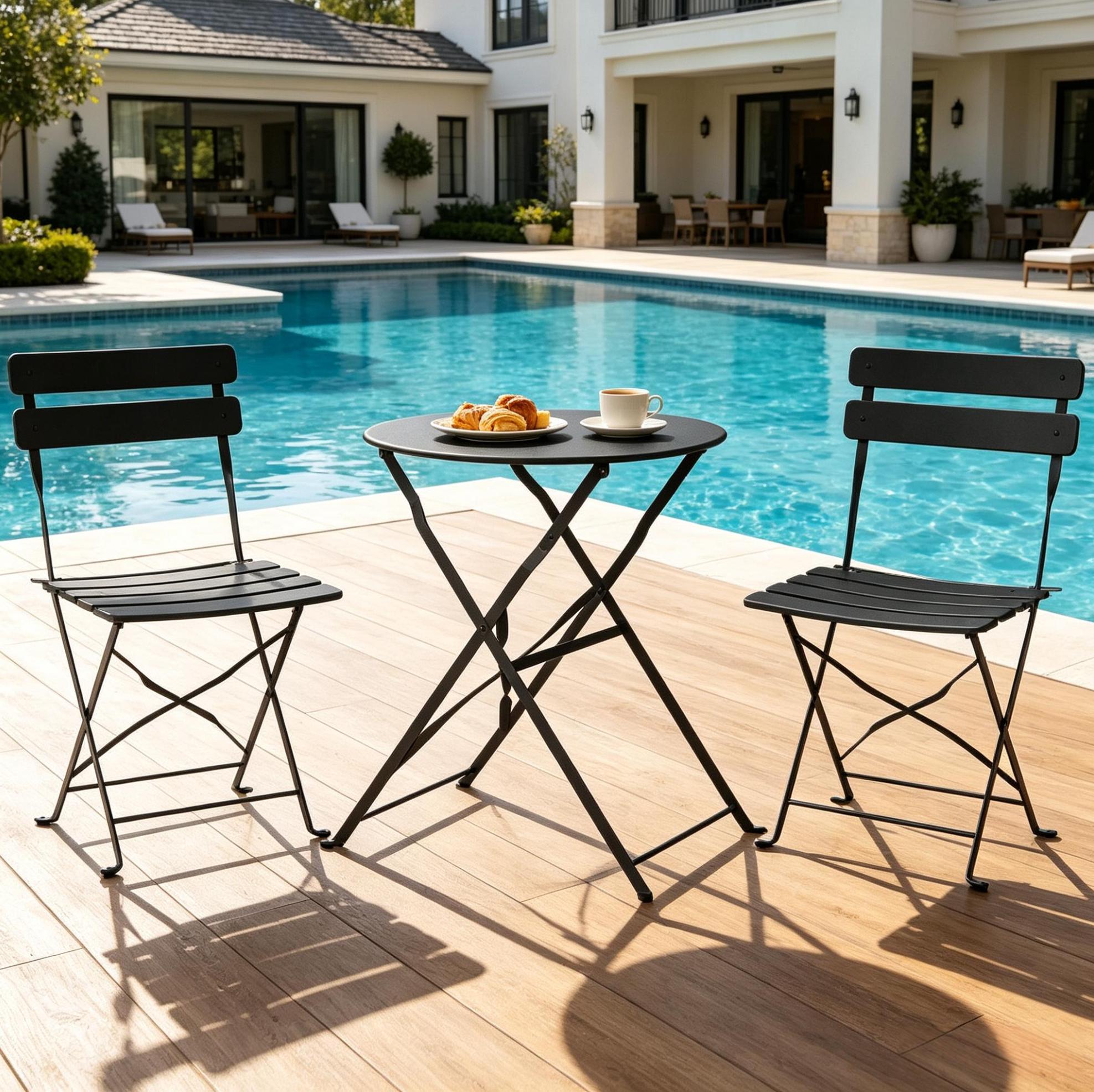 Klappbares Bistro-gartenmöbelset Aus Schwarzem Metall, Tisch Ø 58 X 70 Cm – Meubliv