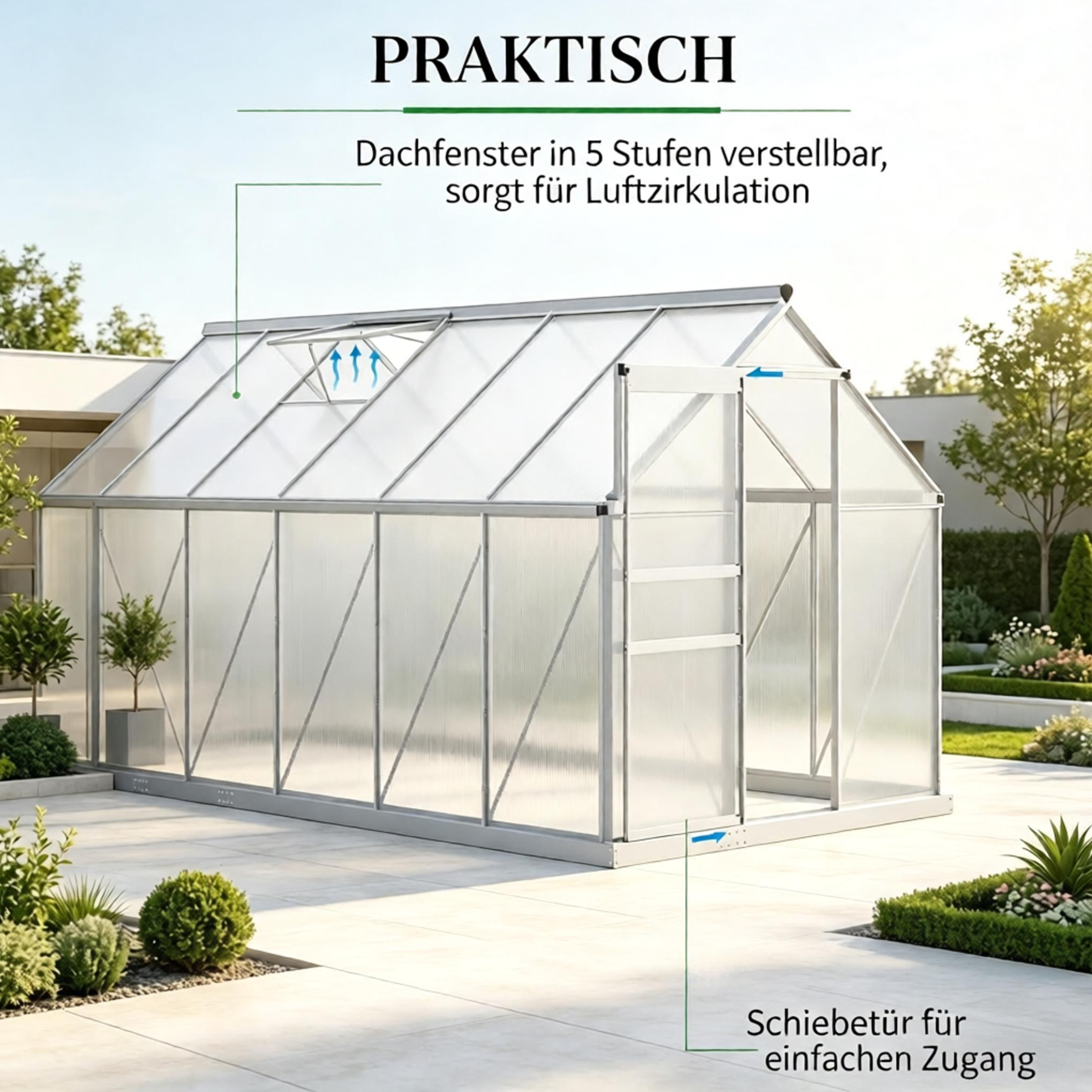 Begehbares Gewächshaus 375x190x199 Cm Aus Aluminium Und Polycarbonat, Silber – Meubliv