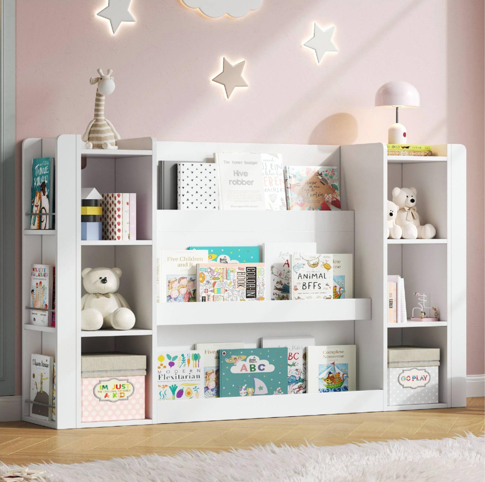 Kinderregal, Bilderbuchregal Mit Stauraum, Kinderschrank & Kinderbuchregal, Holzmöbel Für Kinderzimmer, Weiß, 140 X 30 X 95 Cm