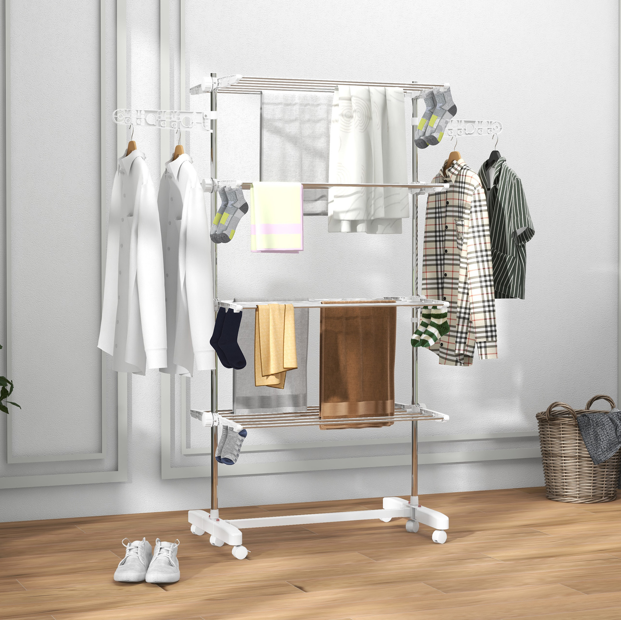 Meubliv Klappbarer Wäscheständer 142 X 55 X 172 Cm Weiß – 4 Ebenen Mit Rollen