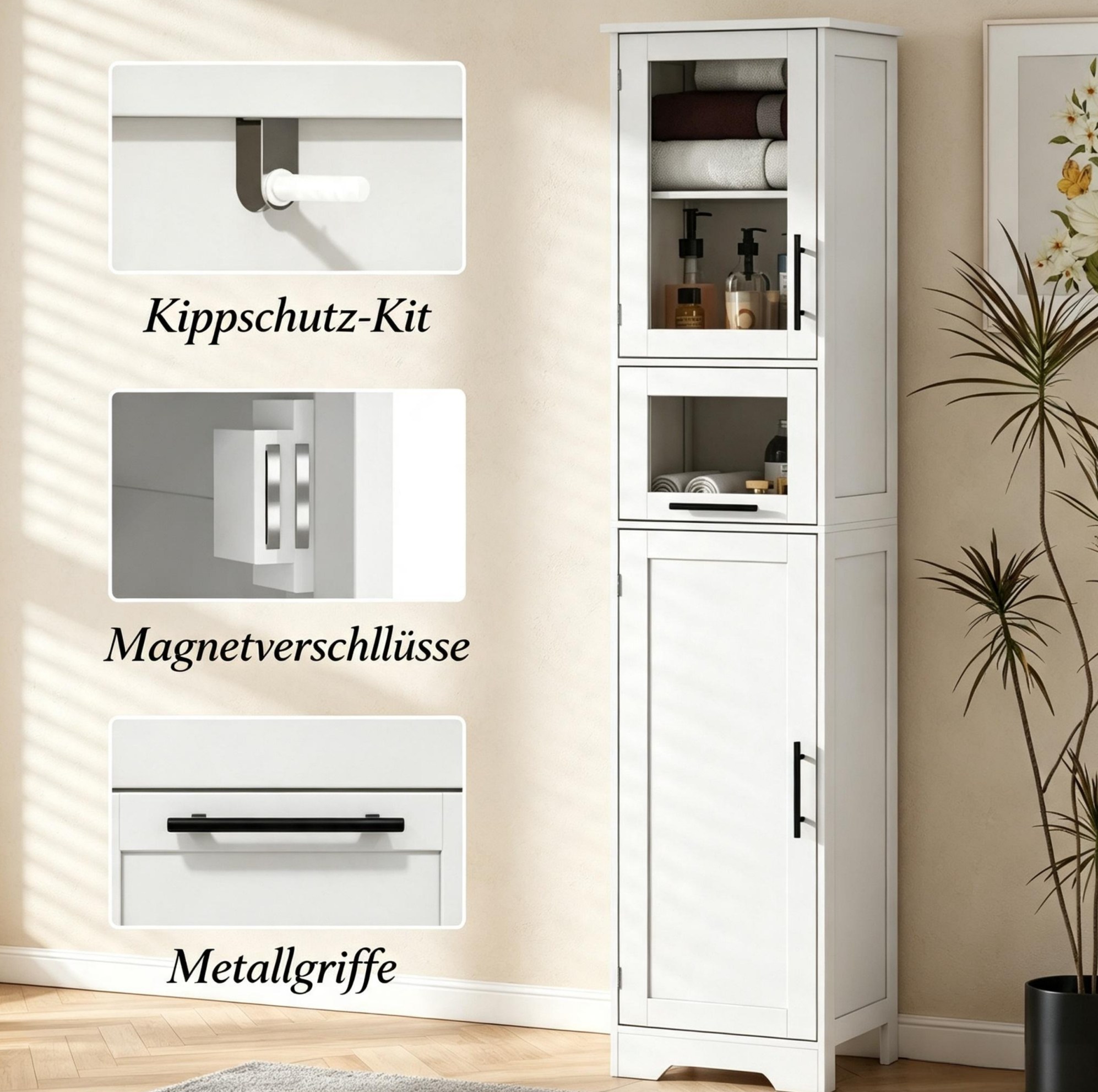 Badezimmerschrank 40x31x170 Cm Aus Weißem Mdf Mit 1 Schublade, Platzsparend – Meubliv