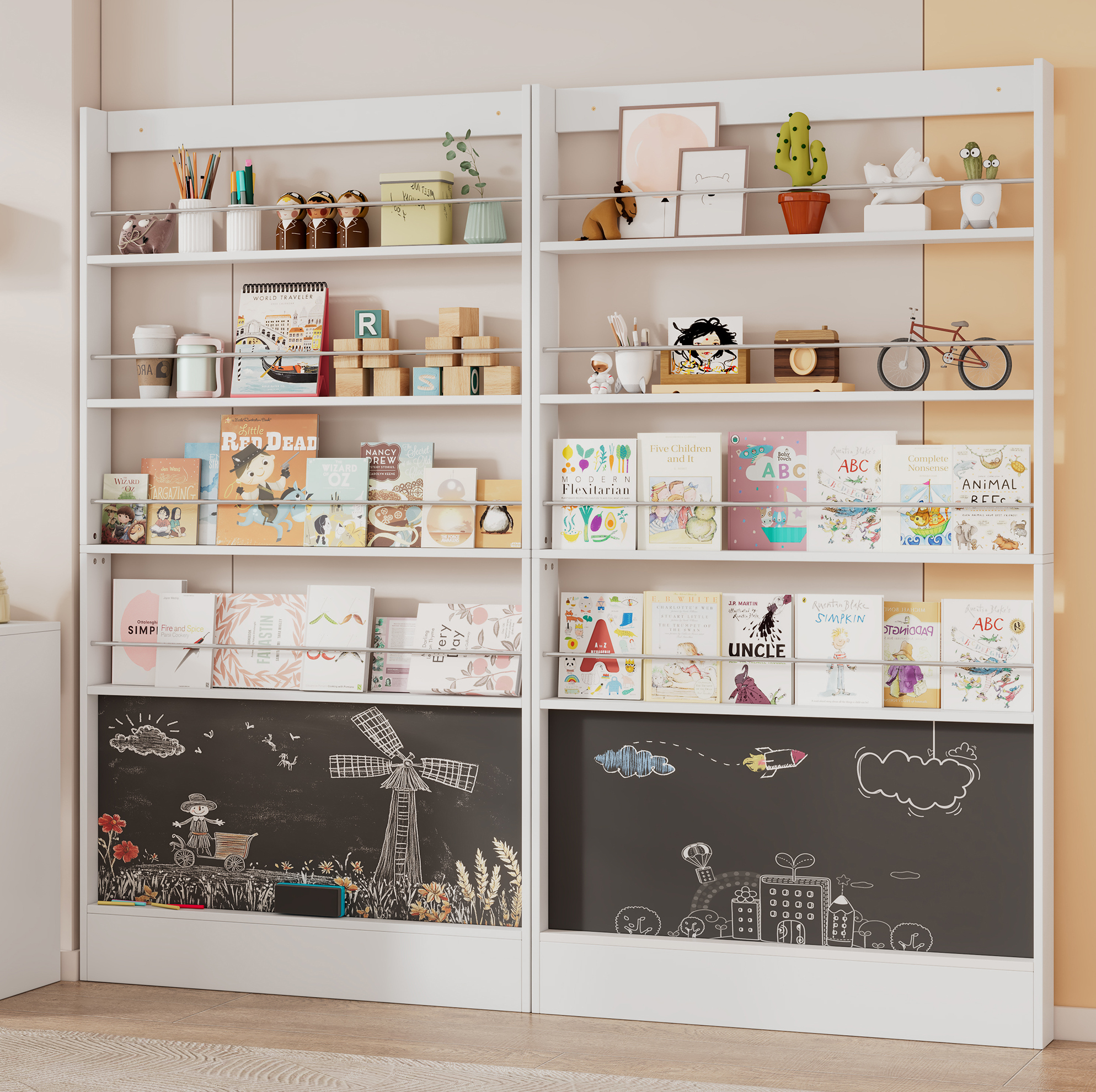 Meubliv Kinderbücherregal 200 X 10 X 180 Cm Weiß – 2 Einheiten Mit Kreidetafel
