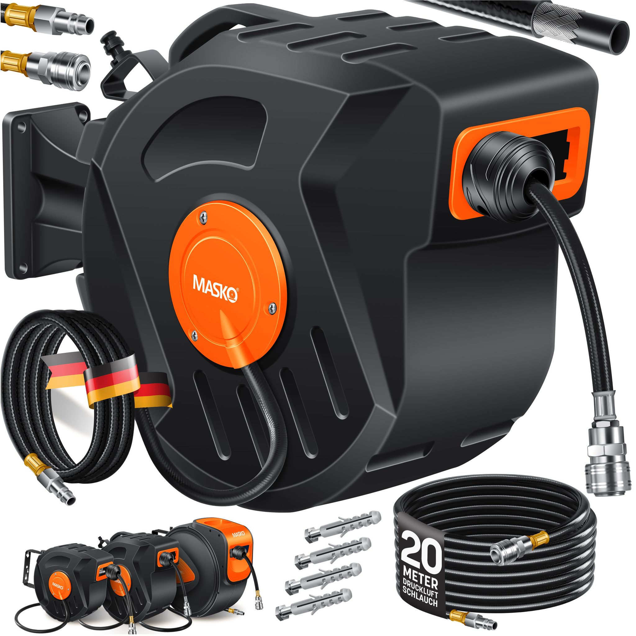Masko® Automatischer Druckluftschlauch-aufroller 1/4" - 20m, Orange/schwarz