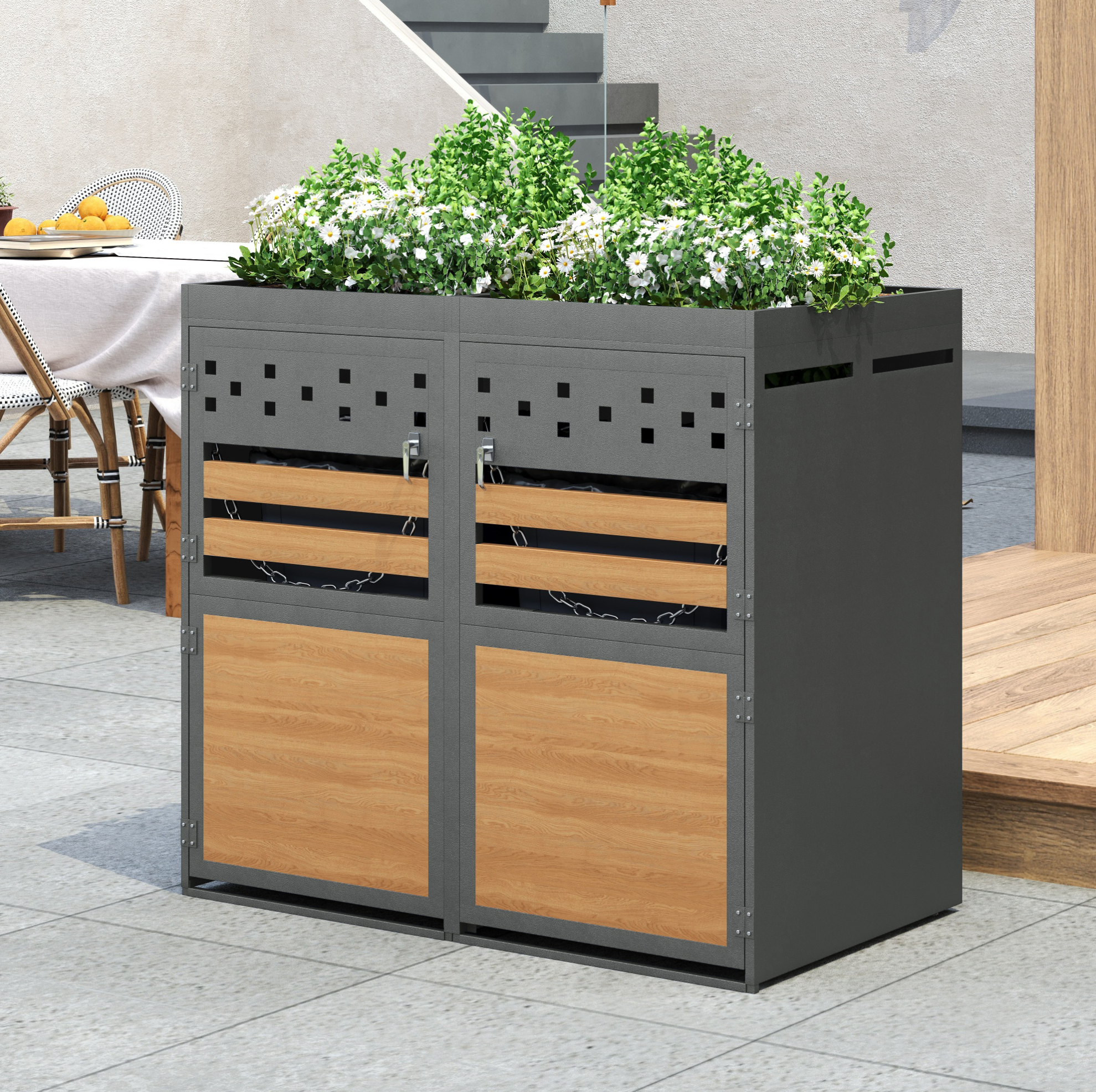Mülltonnenbox 132x80x125 Cm Aus Verzinktem Stahl Anthrazit, Bepflanzbares Dach – Meubliv