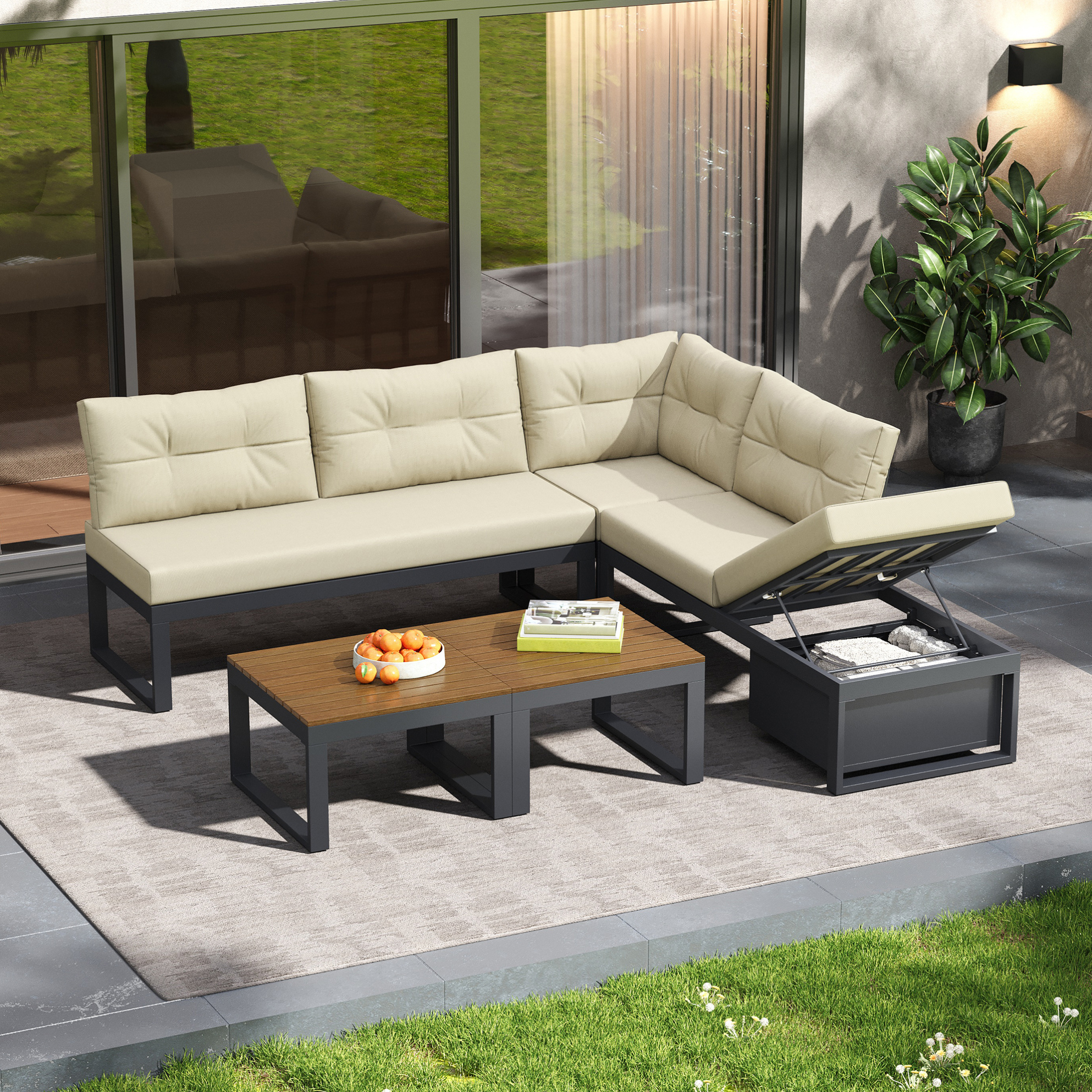 Modulares Gartenlounge-set 191,5 X 191,5 X 79 Cm Aus Polyester, Beige Mit Stauraum – Meubliv