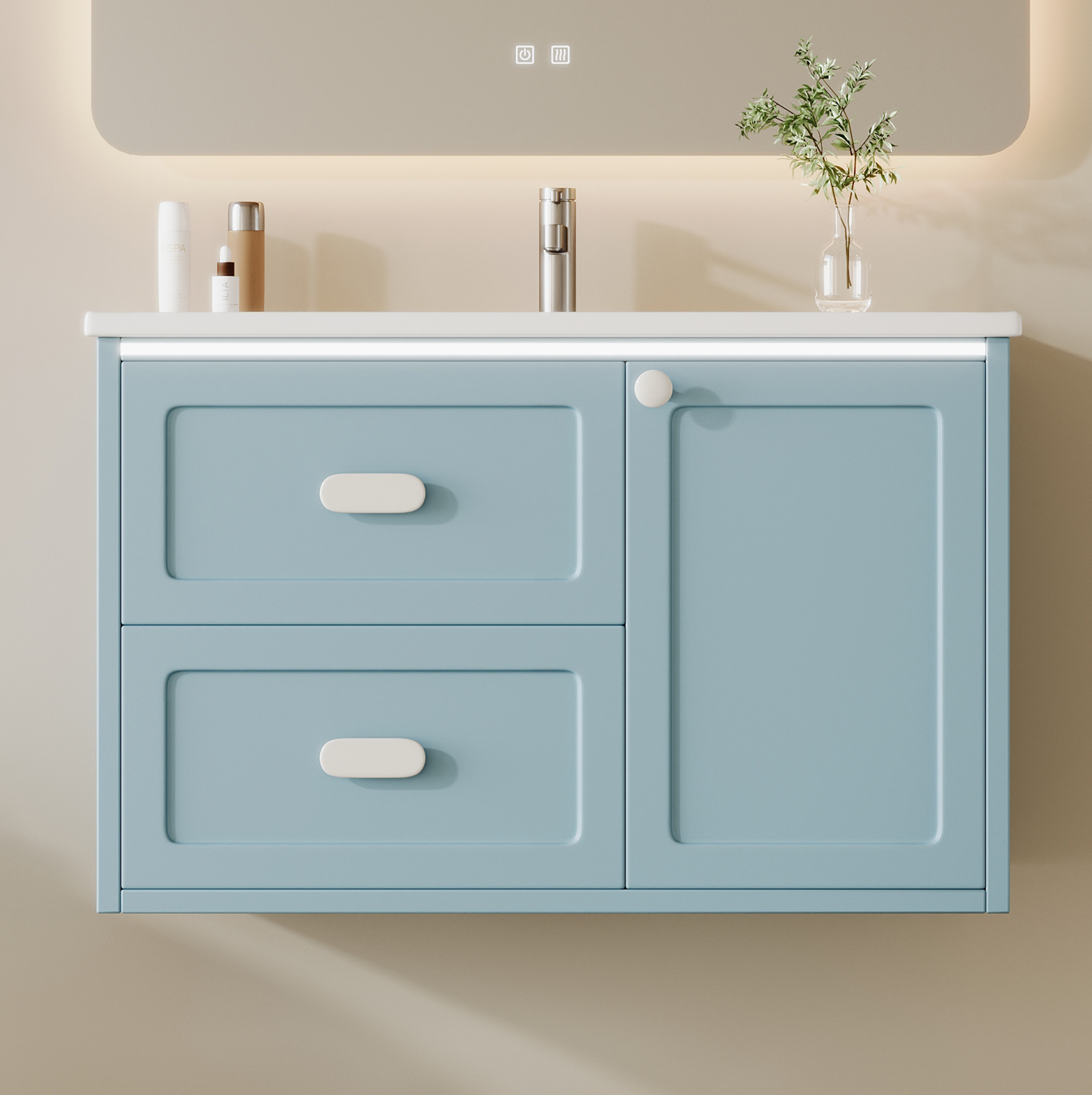 Hängender Waschtischunterschrank 76x46x51 Cm Mdf/keramik Blau Mit Led – Meubliv