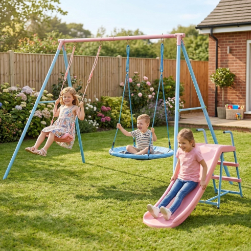 Spielgerüst 330x136x180 Cm Aus Stahl Blau/rosa Mit 2 Schaukeln Und Rutsche – Meubliv