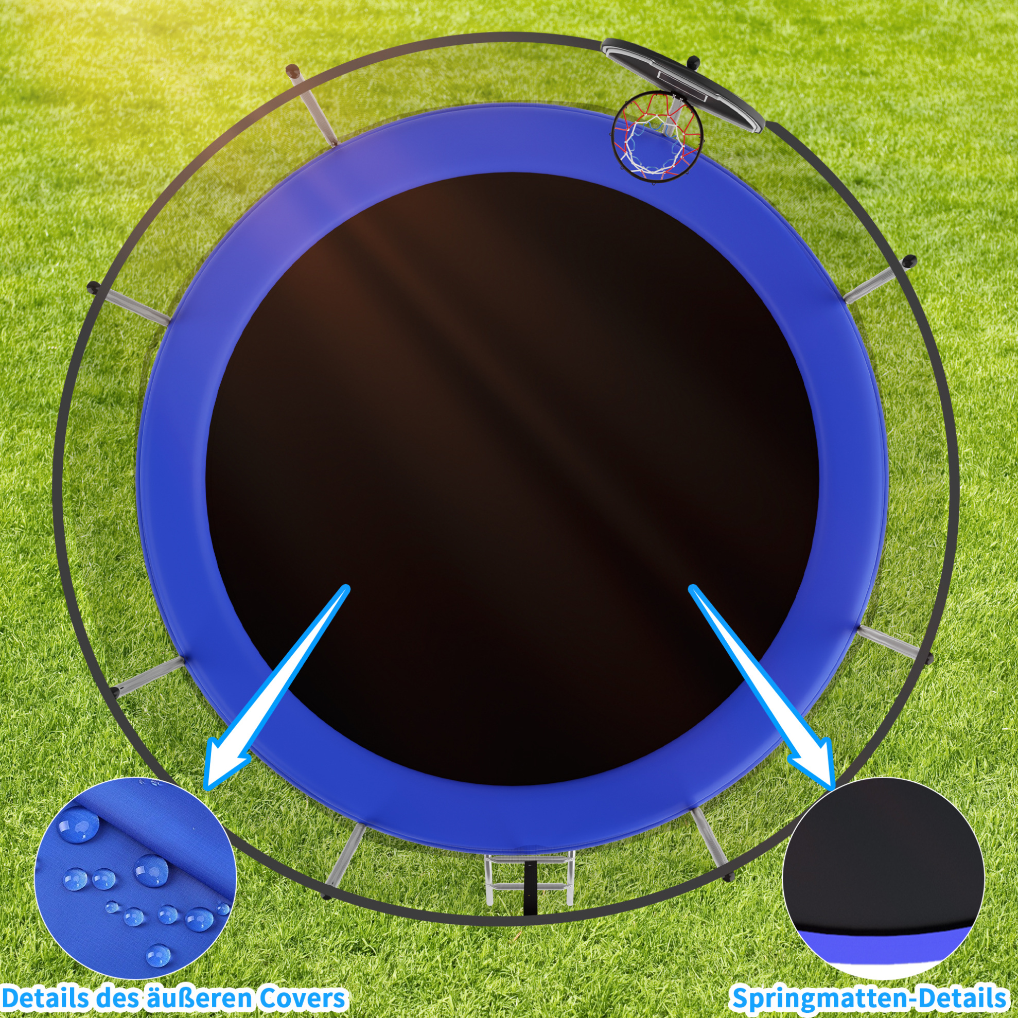Rundes Gartentrampolin 366 Cm Aus Stahl Blau Mit Sicherheitsnetz Stabil – Meubliv