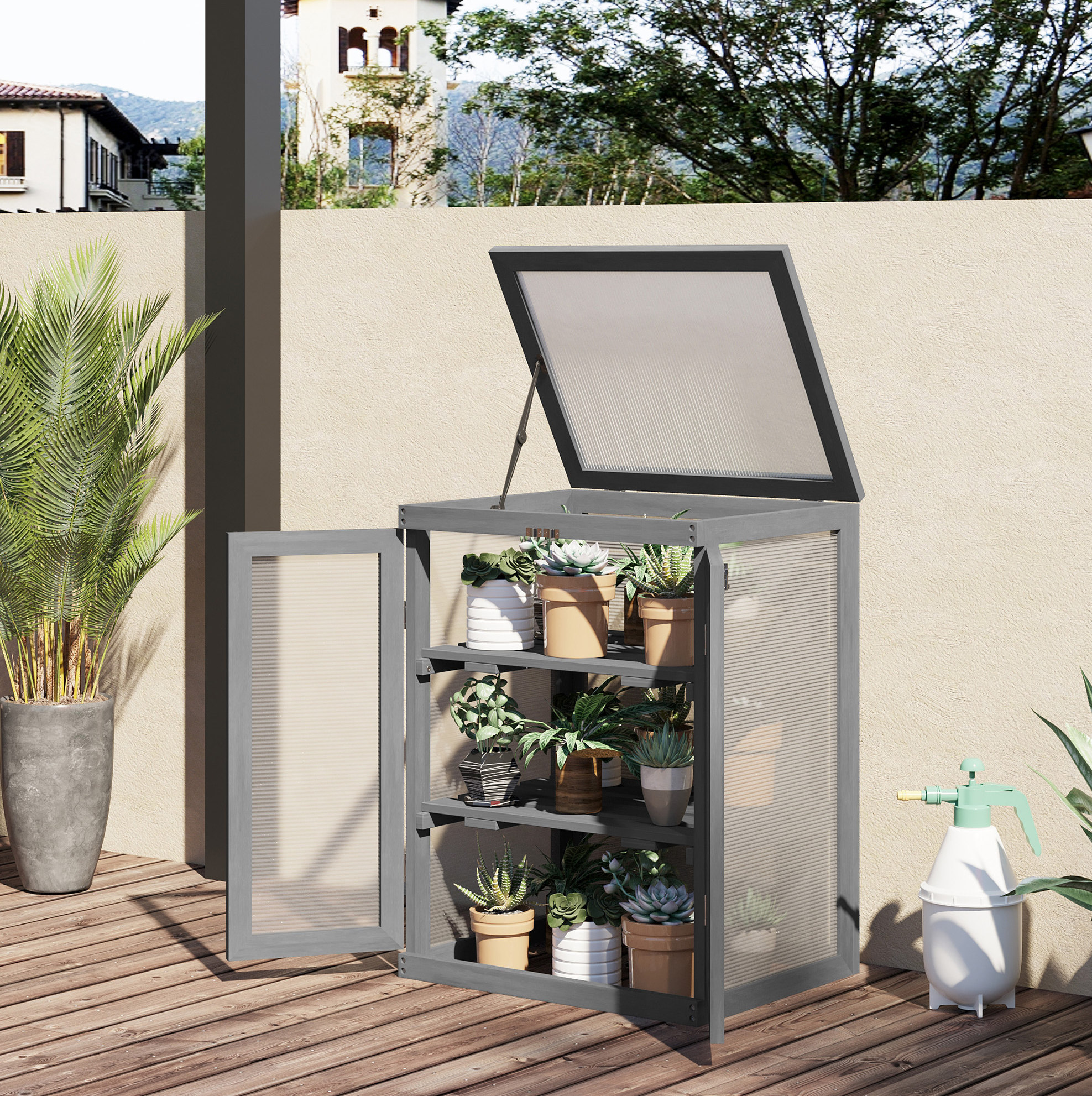Mini-gewächshaus 58x44x78 Cm Aus Holz Und Polycarbonat Dunkelgrau, 3 Ebenen – Meubliv