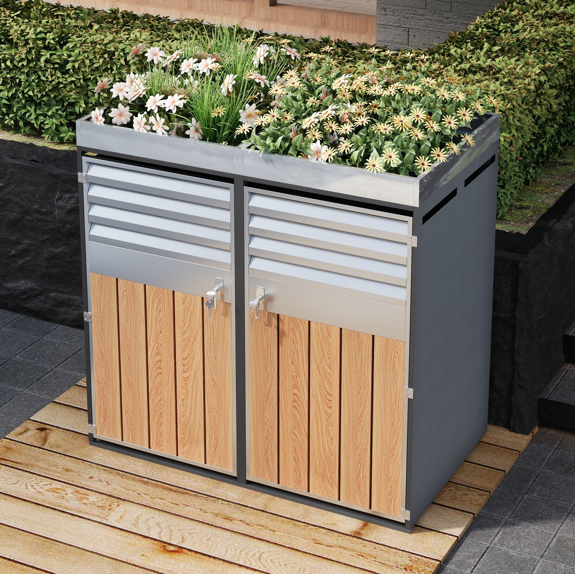 Mülltonnenbox 132 × 80 × 124,5 Cm, Verzinkter Stahl, Grau, Abschließbar, Platzsparend – Meubliv