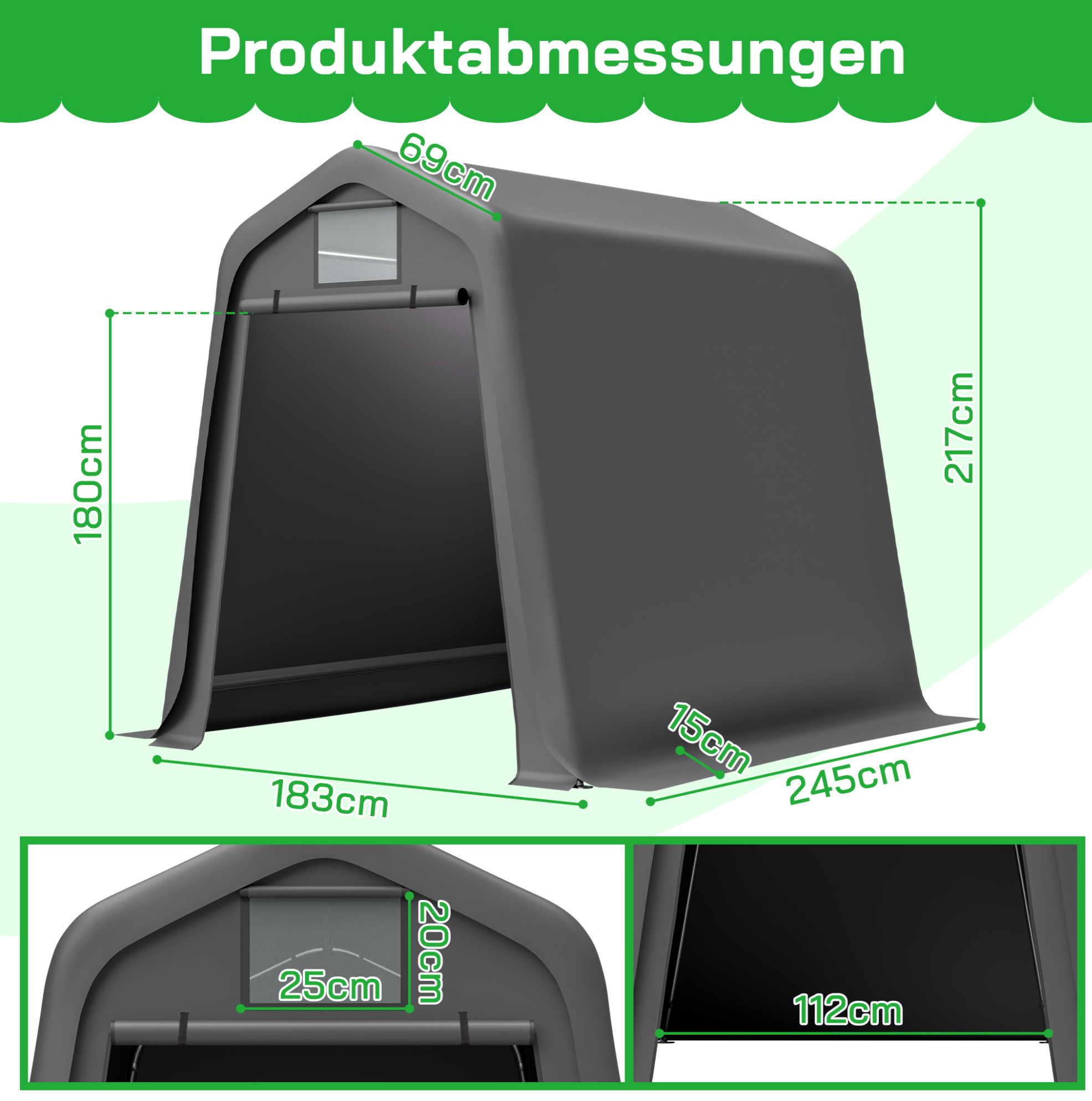 Geräteunterstand 245x183x217 Cm Aus Pe, Grau, Für Fahrräder Und Werkzeuge – Meubliv