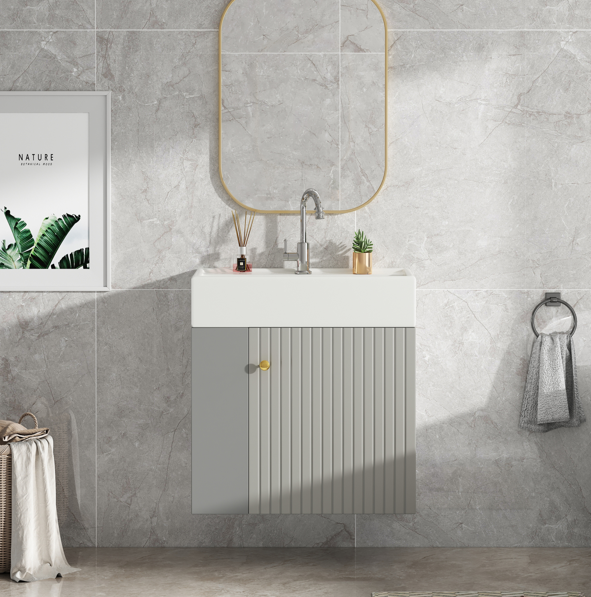 Hängender Waschtischunterschrank 55x31x66,5 Cm Aus Spanplatte Grau Mit Integriertem Waschbecken