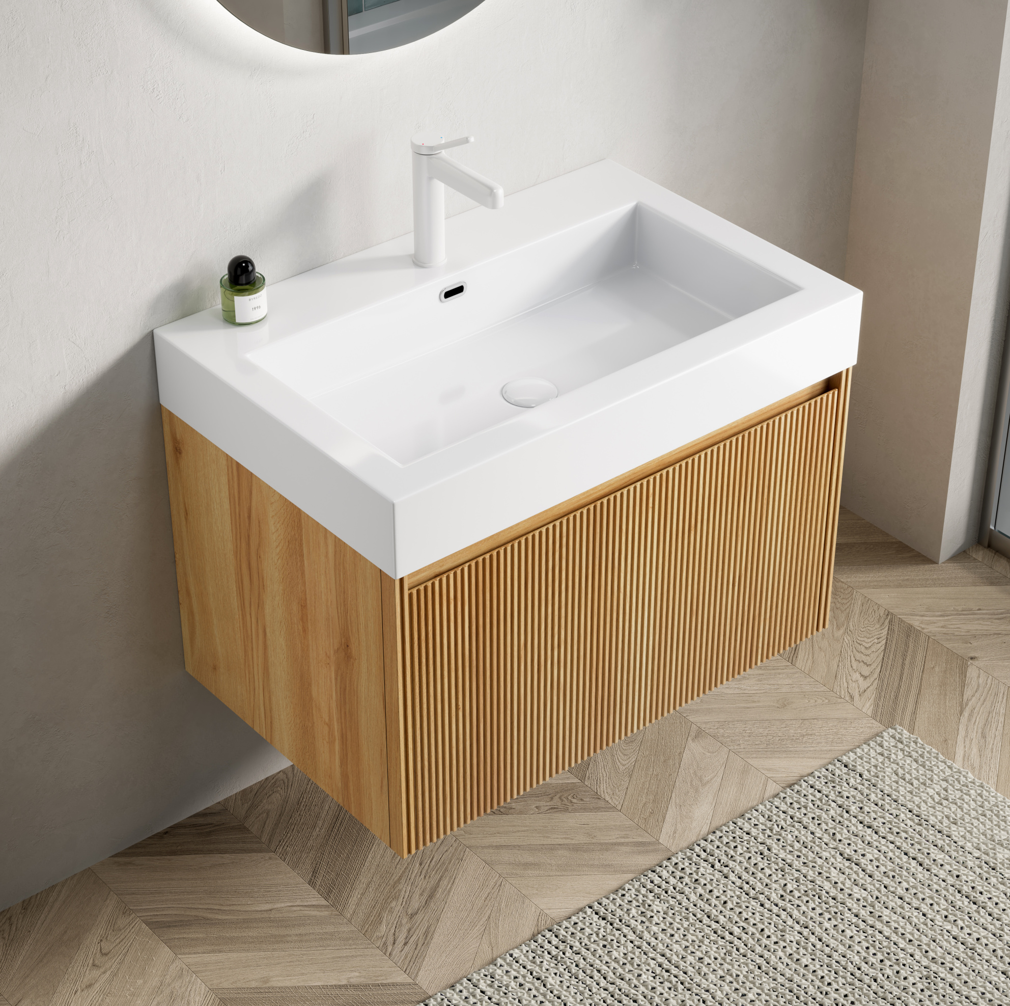 Meuble Vasque Suspendu 70x46x50 Cm En Résine Et Contreplaqué Naturel – Meubliv