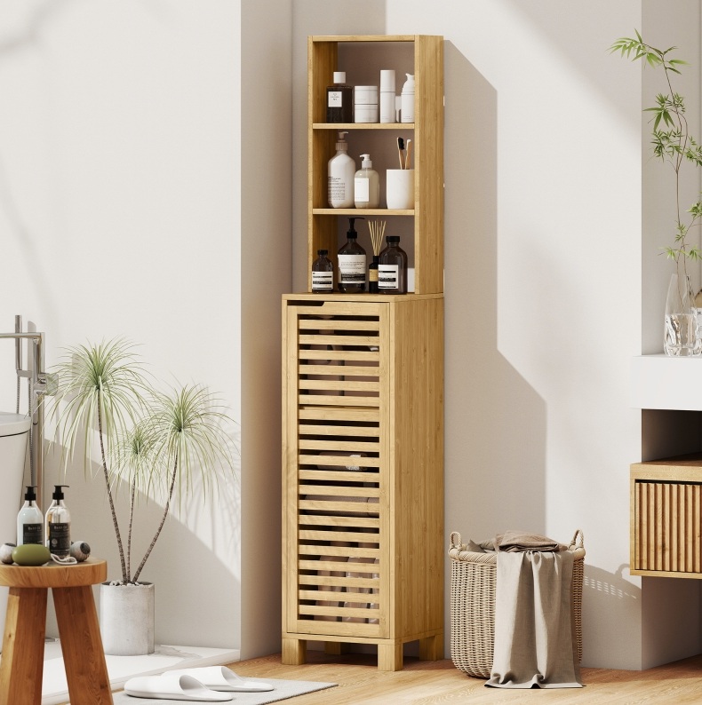 Badezimmerschrank 34x30x170 Cm Aus Natürlichem Bambus, Offene/geschlossene Fächer – Meubliv