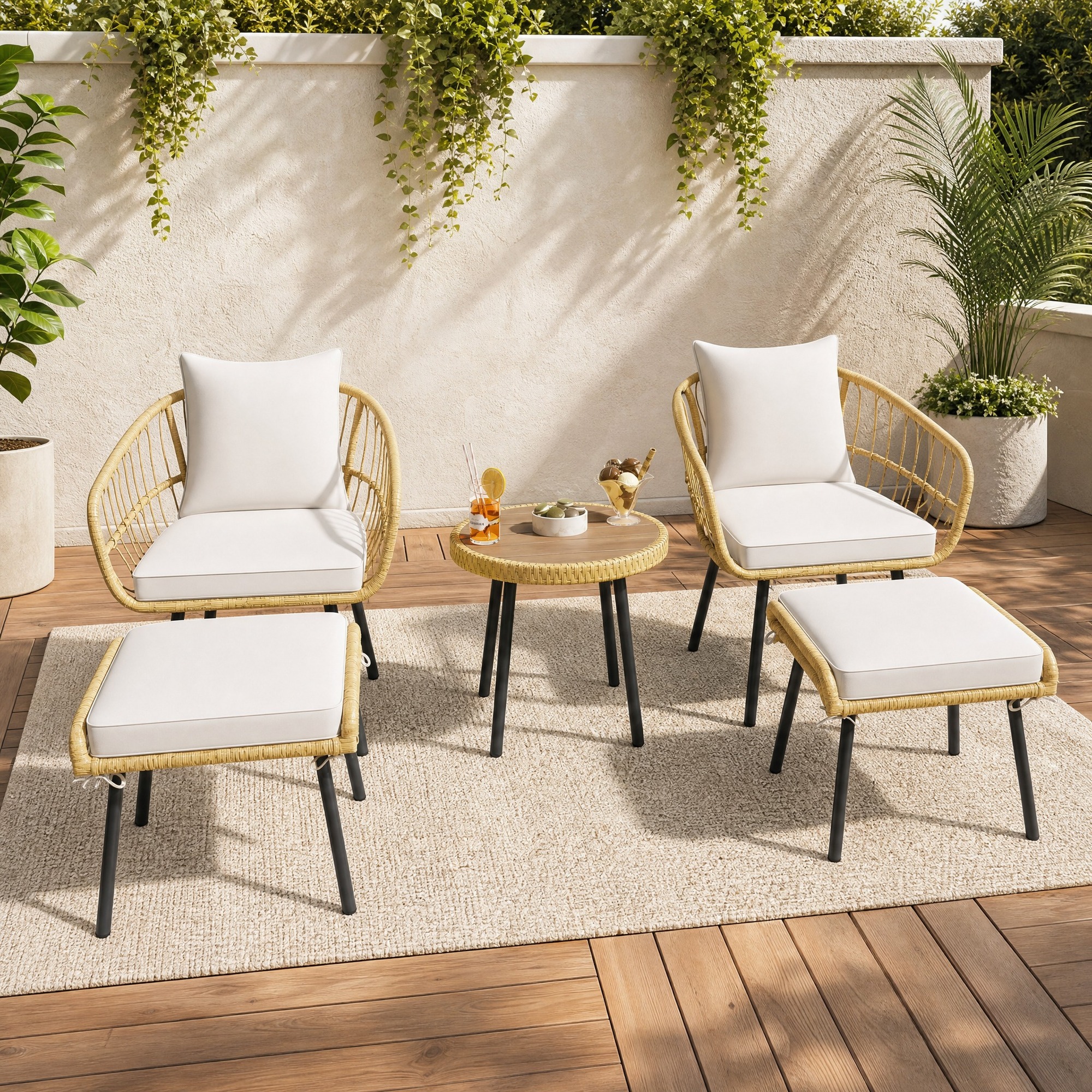 5-teiliges Gartenmöbel-set Aus Rattan In Weiß/natur Mit Kissen Für Terrasse – Meubliv