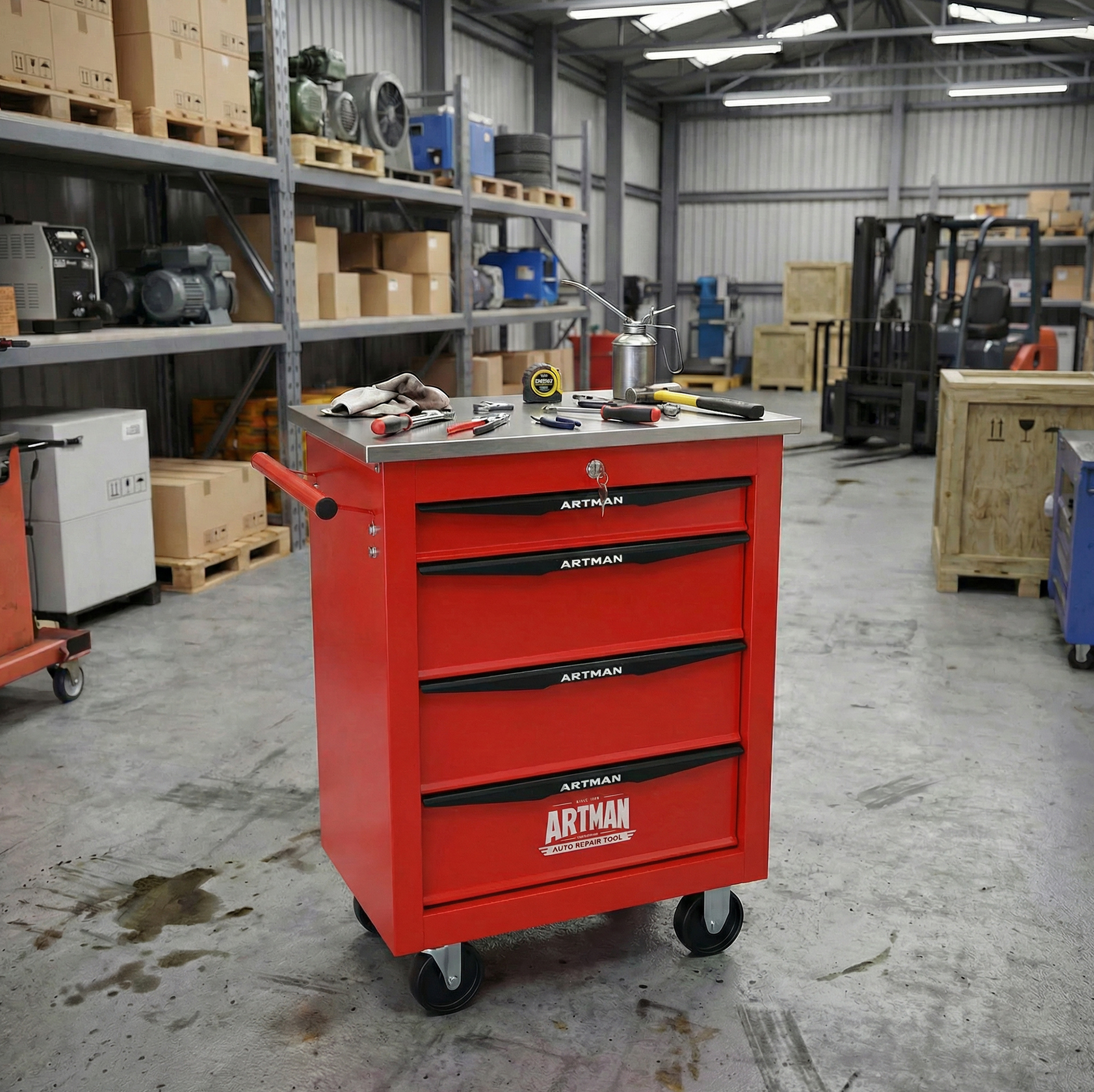 4-schubladen Multifunktionaler Werkzeugwagen Mit Rollen, Metall-werkzeugwagen Zur Lagerung, Für Garage, Werkstatt, Lager Und Reparaturwerkstatt – Mit Edelstahlarbeitsplatte – Farbe: Rot