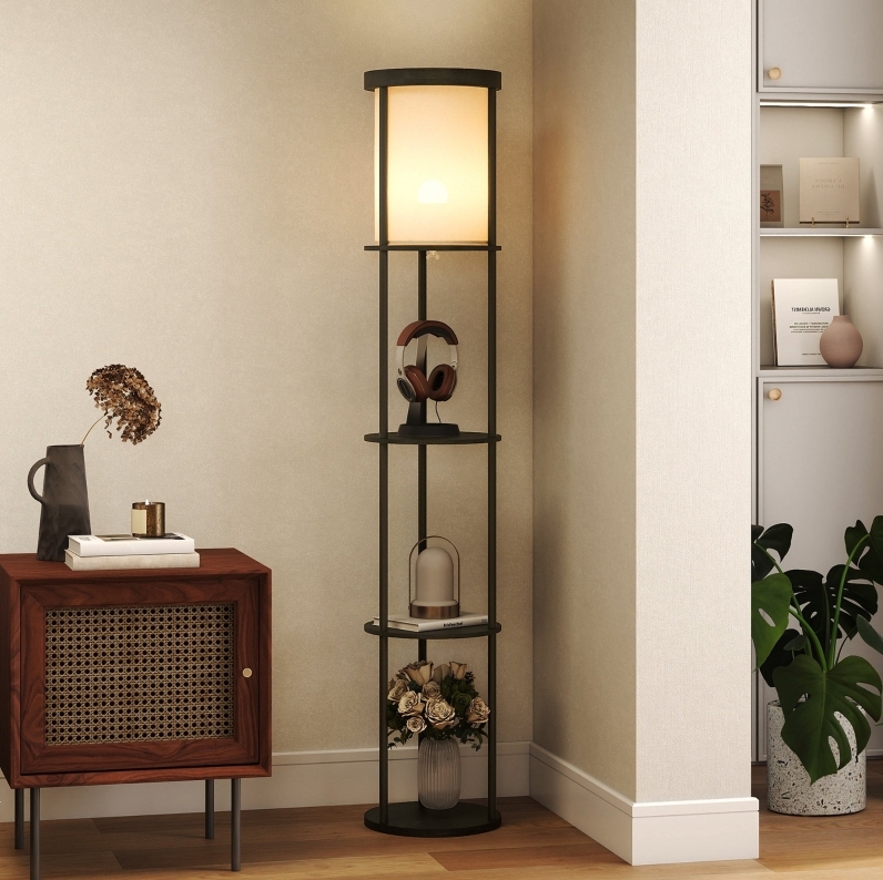 Runde Stehlampe Mit Regal 29x29x158 Cm Aus Schwarzem Metall Mit Fernbedienung – Meubliv