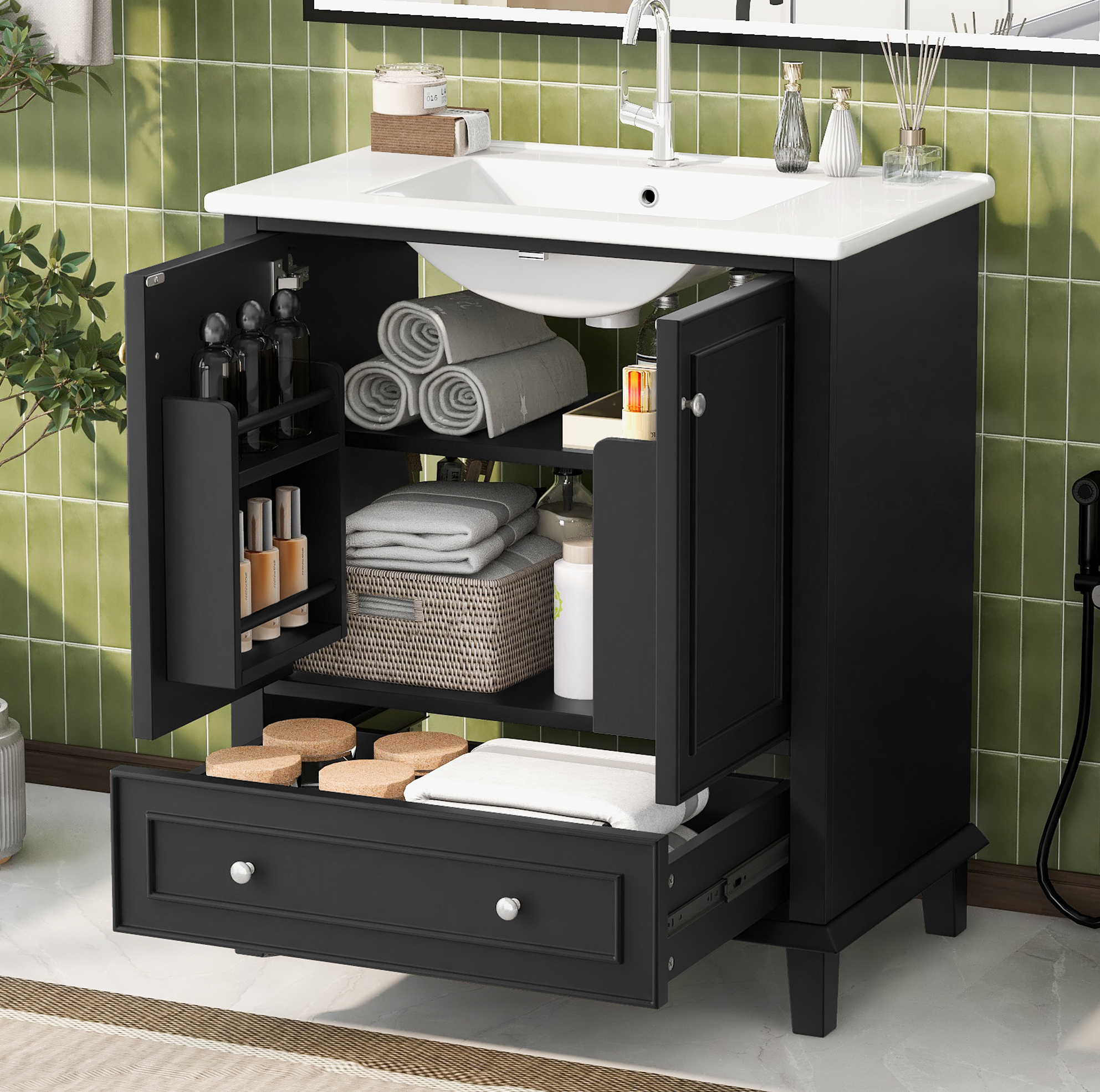 Waschtischunterschrank 76x46x87 Cm Aus Mdf Und Keramik, Schwarz, Mit Stauraum – Meubliv