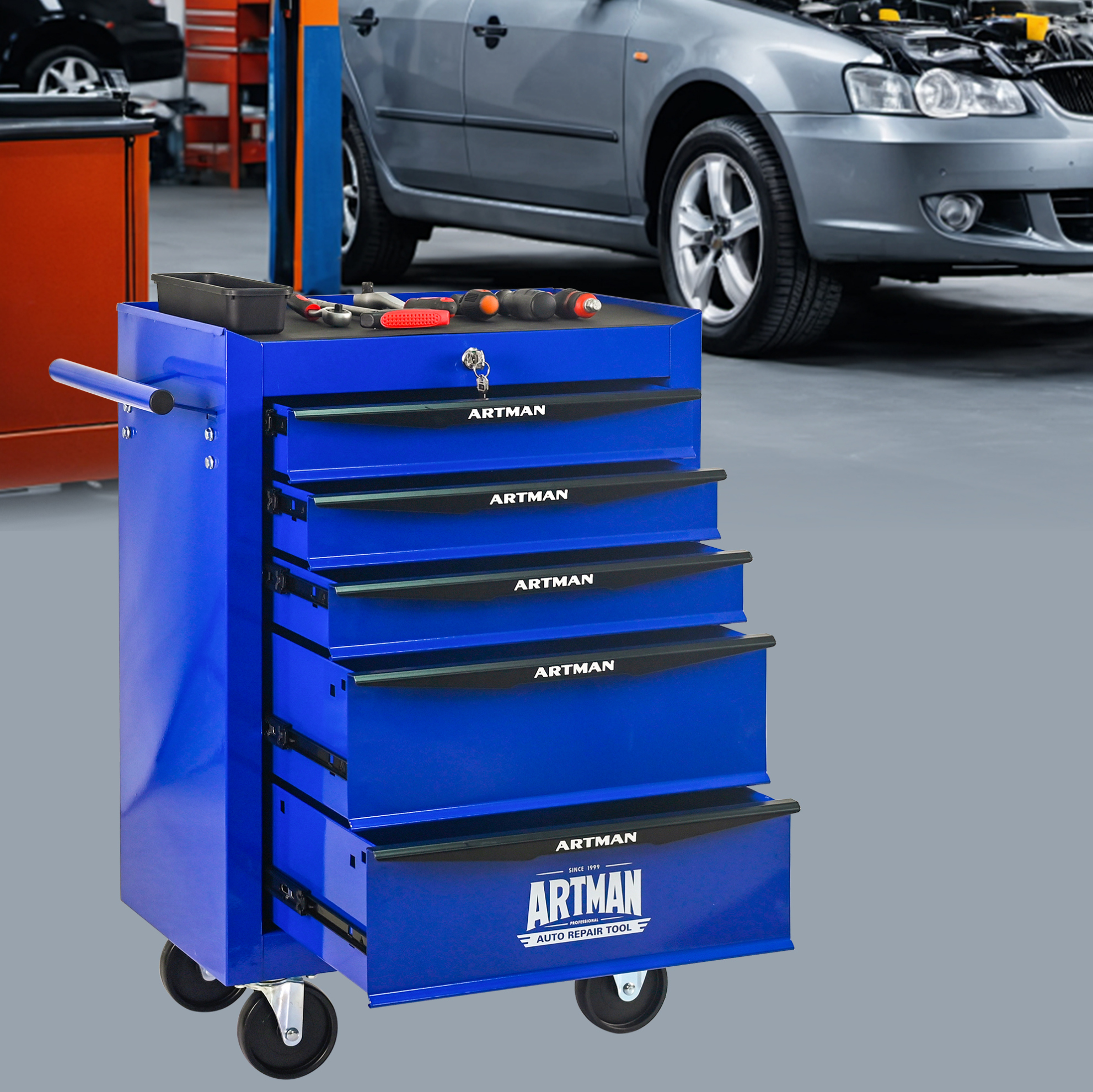 Werkstattwagen 52,5x33x77,5 Cm Aus Stahl In Schwarz Und Blau, 5 Schubladen – Meubliv