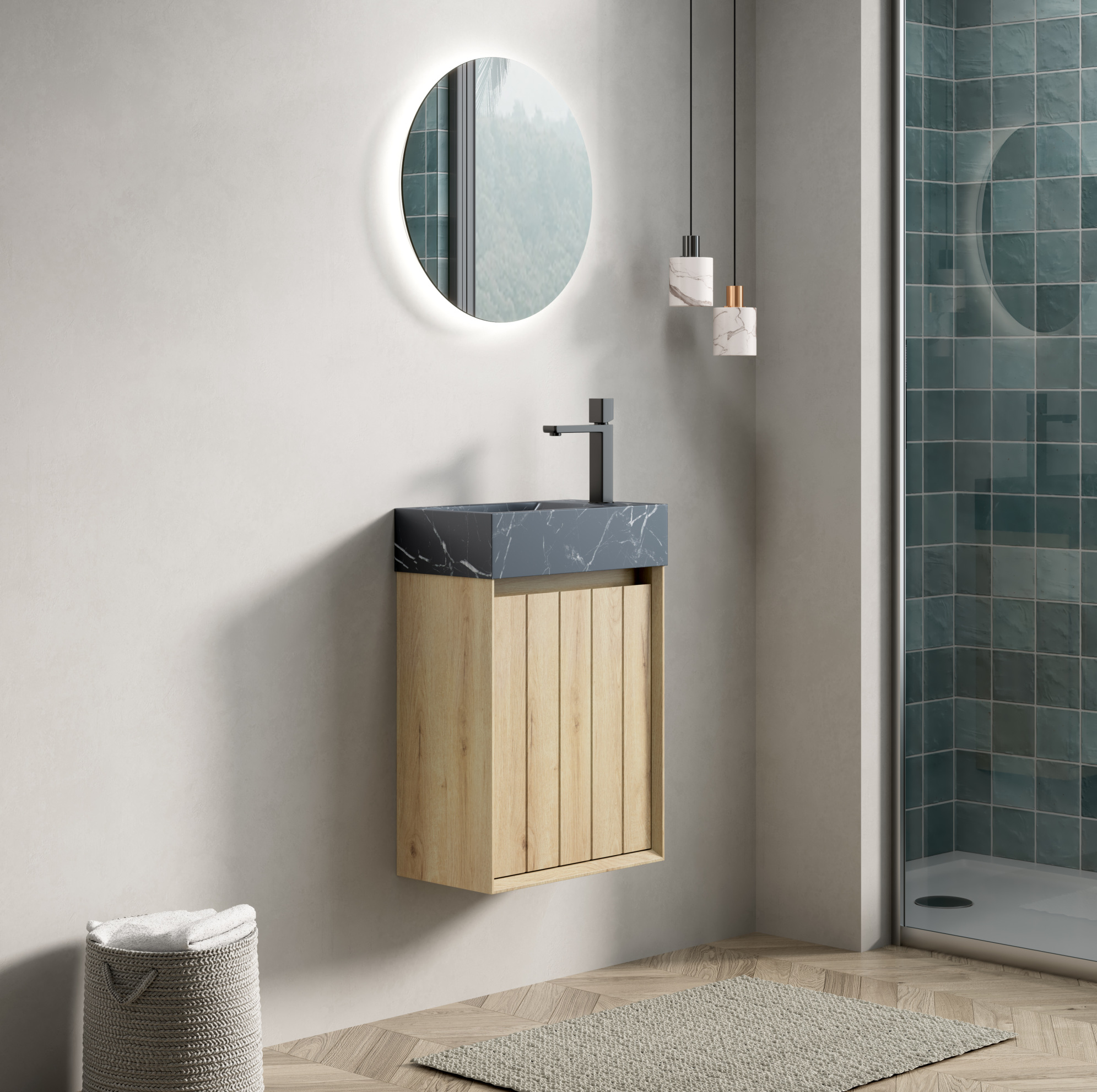 Hängender Waschtischunterschrank 40x22x58 Cm Aus Schwarzem Marmor Mit Stauraum