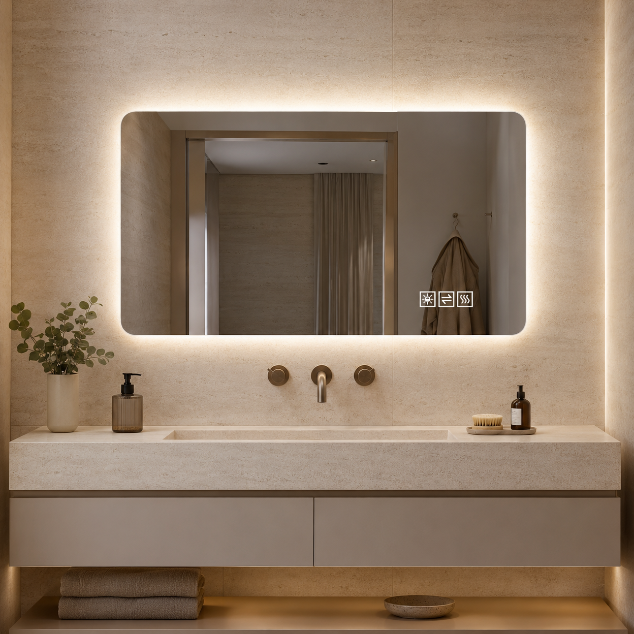 Badezimmerspiegel 100 X 60 X 2,5 Cm Aus Glas Und Metall, Versilbert, Led, Beschlagfrei – Meubliv