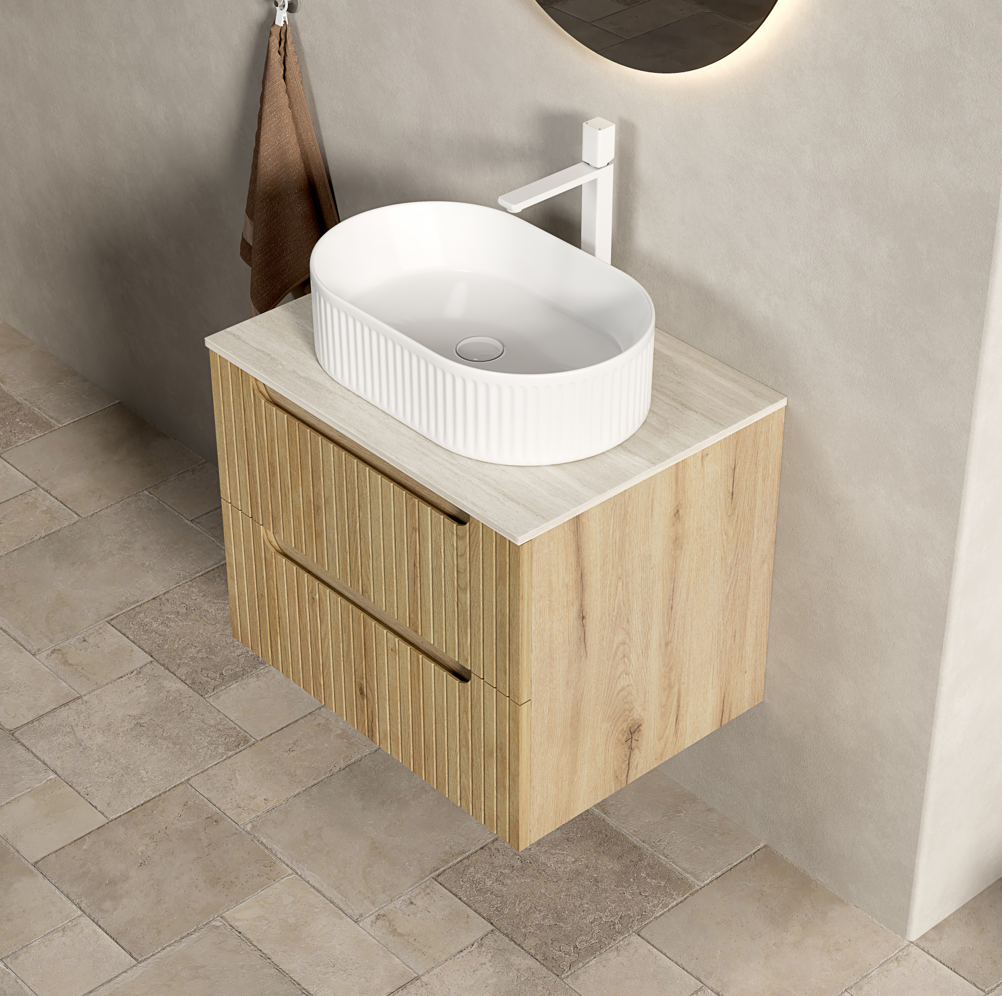 Meuble Vasque Suspendu 60x46x62,2 Cm En Contreplaqué Blanc Et Chêne Clair, 2 Tiroirs – Meubliv