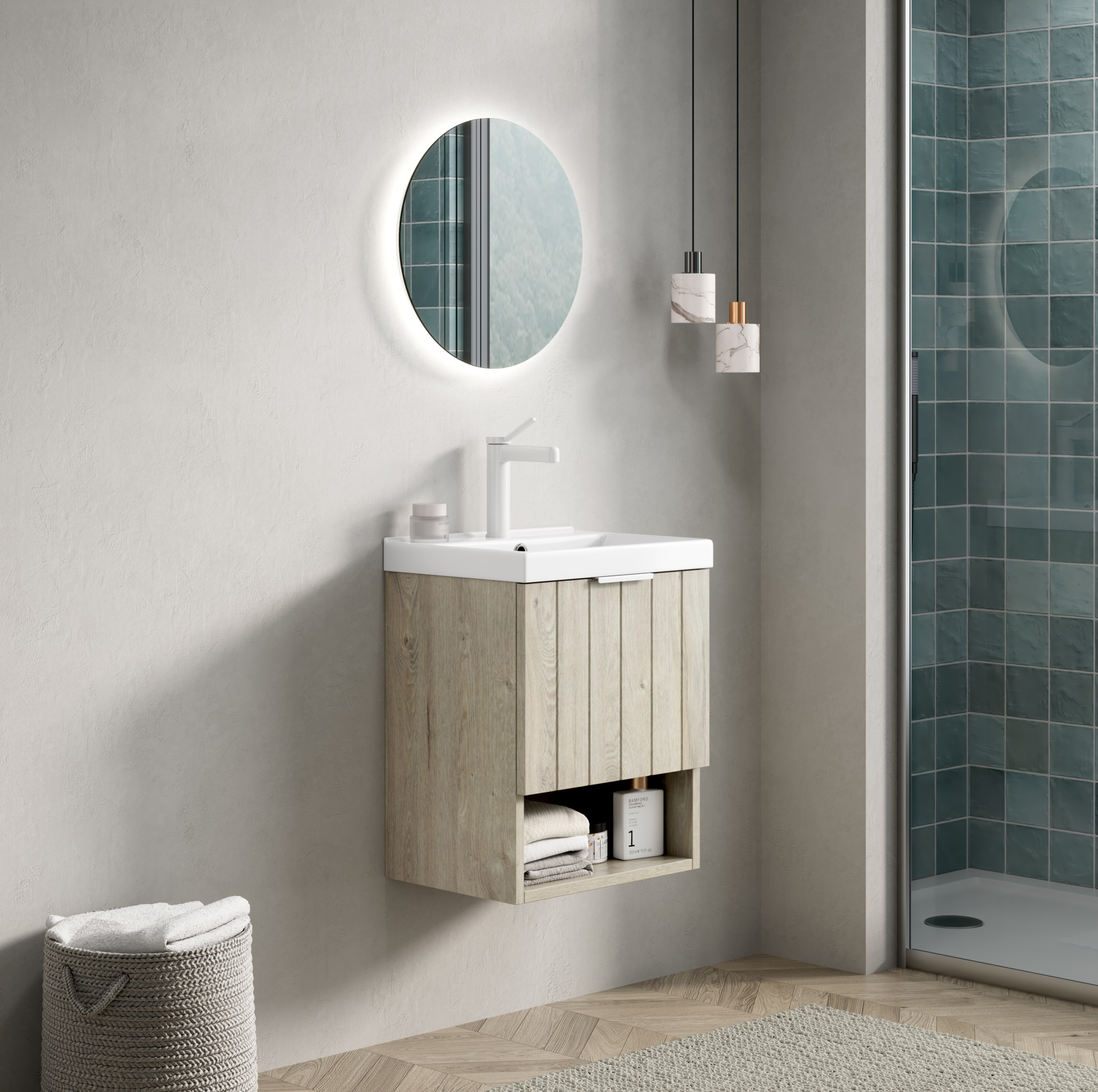 Wandhängender Waschtischunterschrank 42 X 32 X 48 Cm, Weiß, Holzoptik – Meubliv