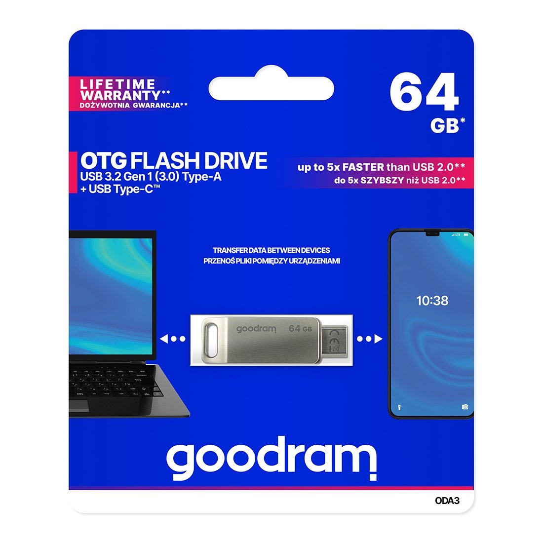Goodram Oda3 Usb-stick 64 Gb Usb Type-a / Usb Type-c 3.2 Gen 1 (3.1 Gen 1) Silber
