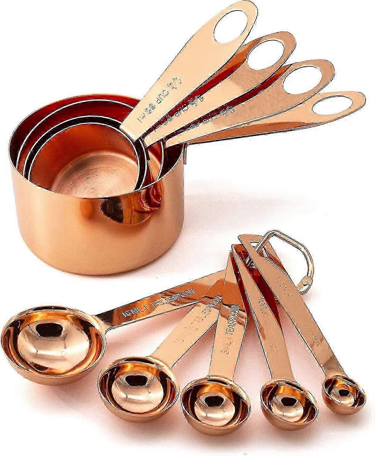 Set Aus 9 Messbechern Und -löffeln, Geeignet Zum Kochen Und Backen, Aus Edelstahl, Kupfer Und Chrom.