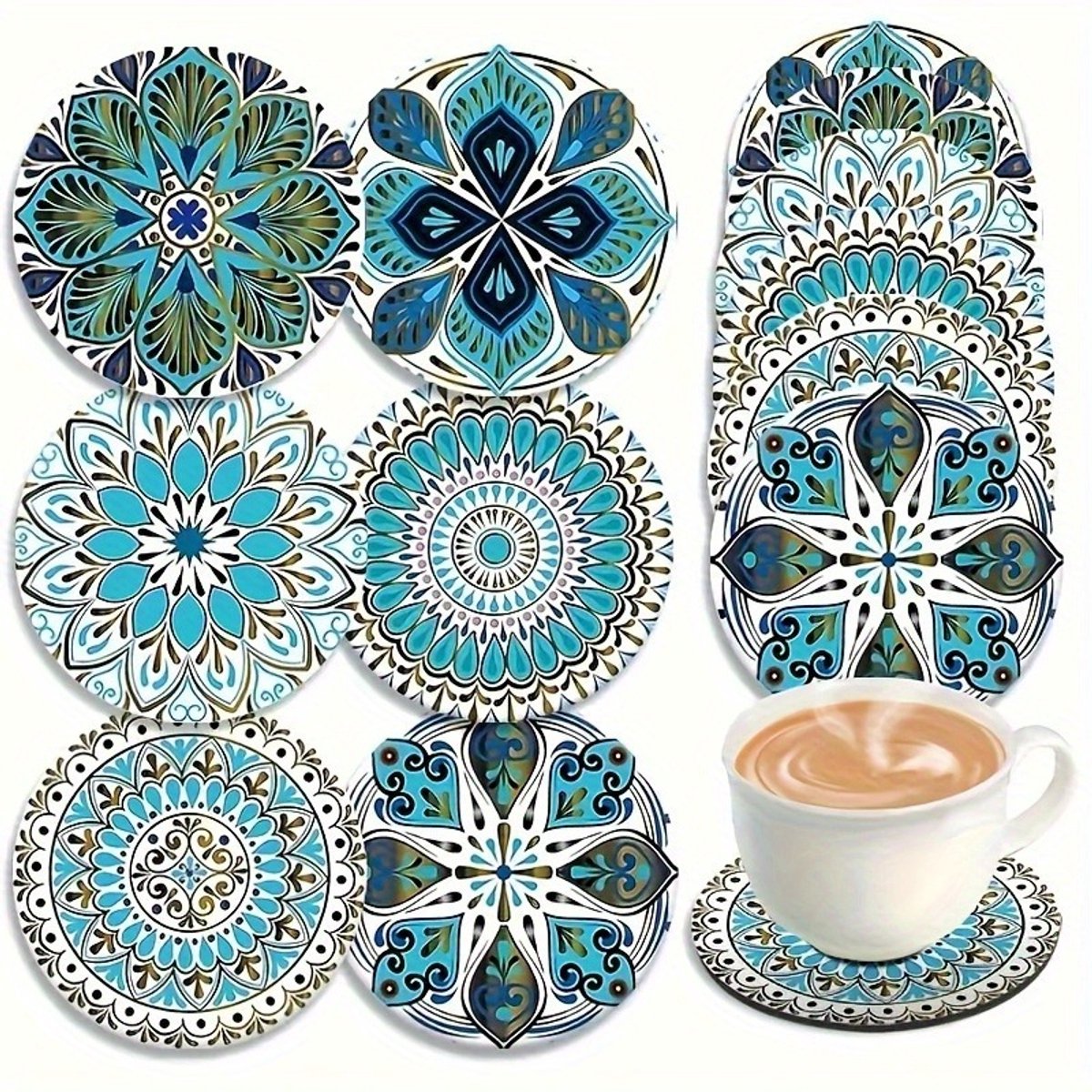 Untersetzer Aus Holz Mit Floralen Und Geometrischen Mustern, 6er-set, 10 Cm