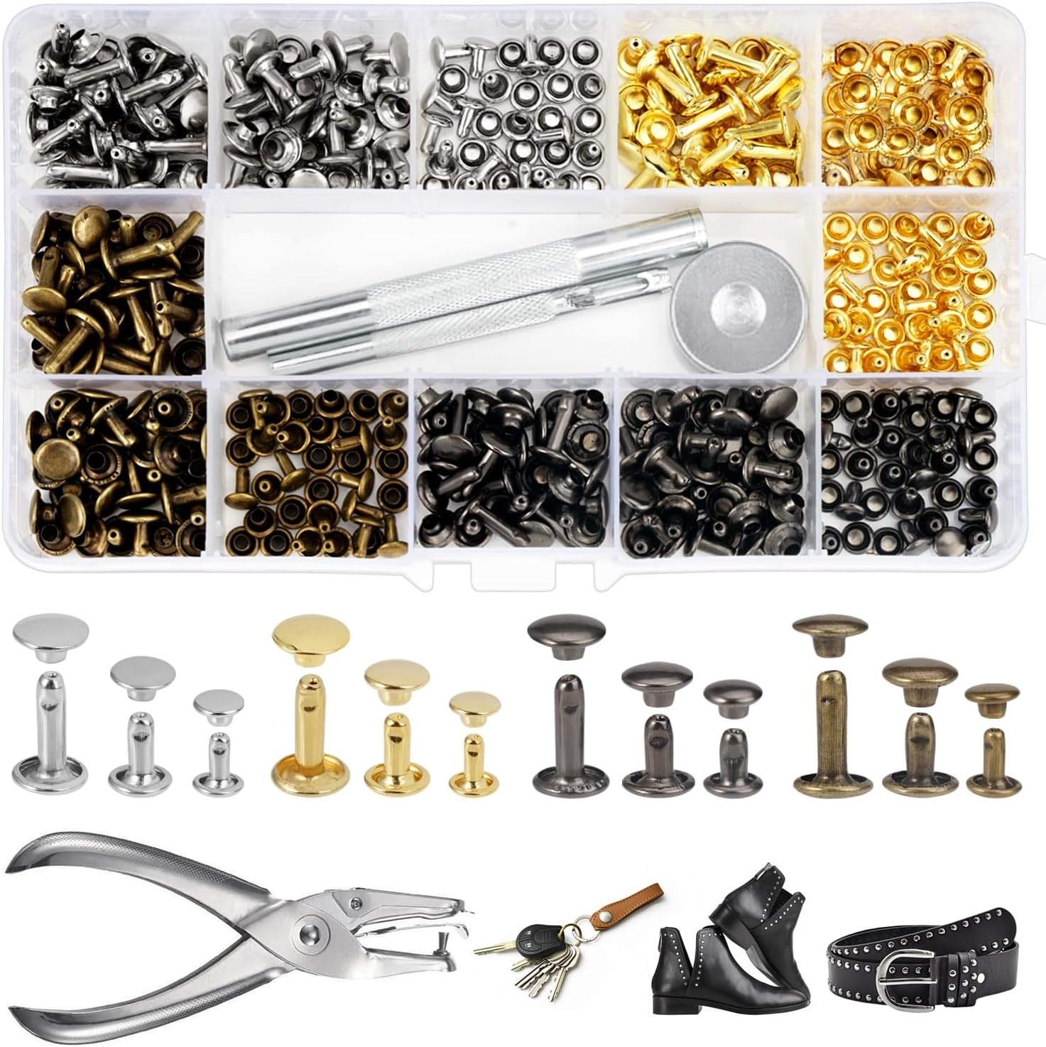 Ledernieten, 180 Stück, 3 Größen, Doppelte Rohrförmige Metallnieten, Mit 3 Befestigungswerkzeugen Und Einem Stempel.
