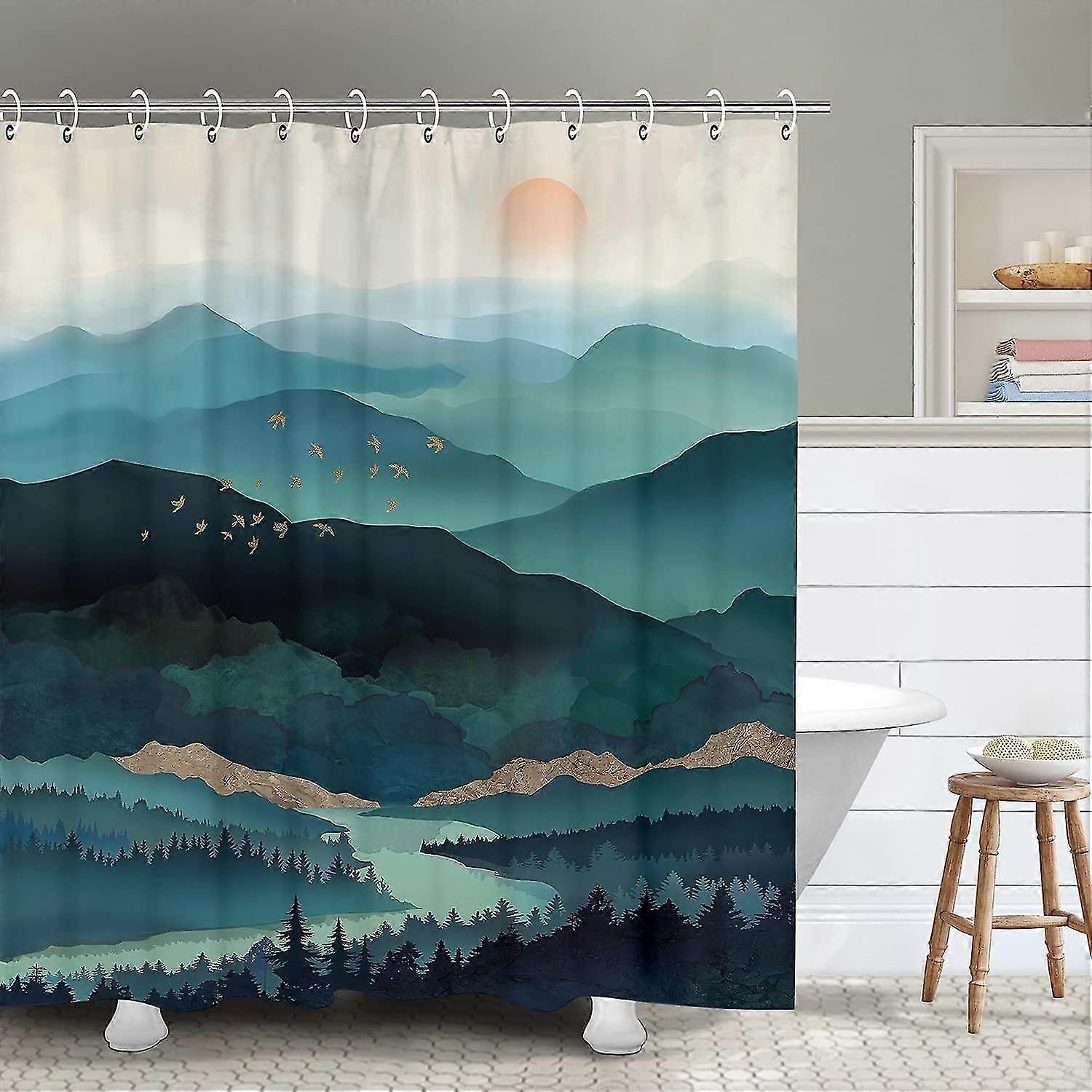 Duschvorhang Mit Bergmotiv, Blauer Duschvorhang, Geeignet Für Badezimmer, Frischer Und Natürlicher Duschvorhang, Duschvorhanghaken, Aquarell-nebel-effekt