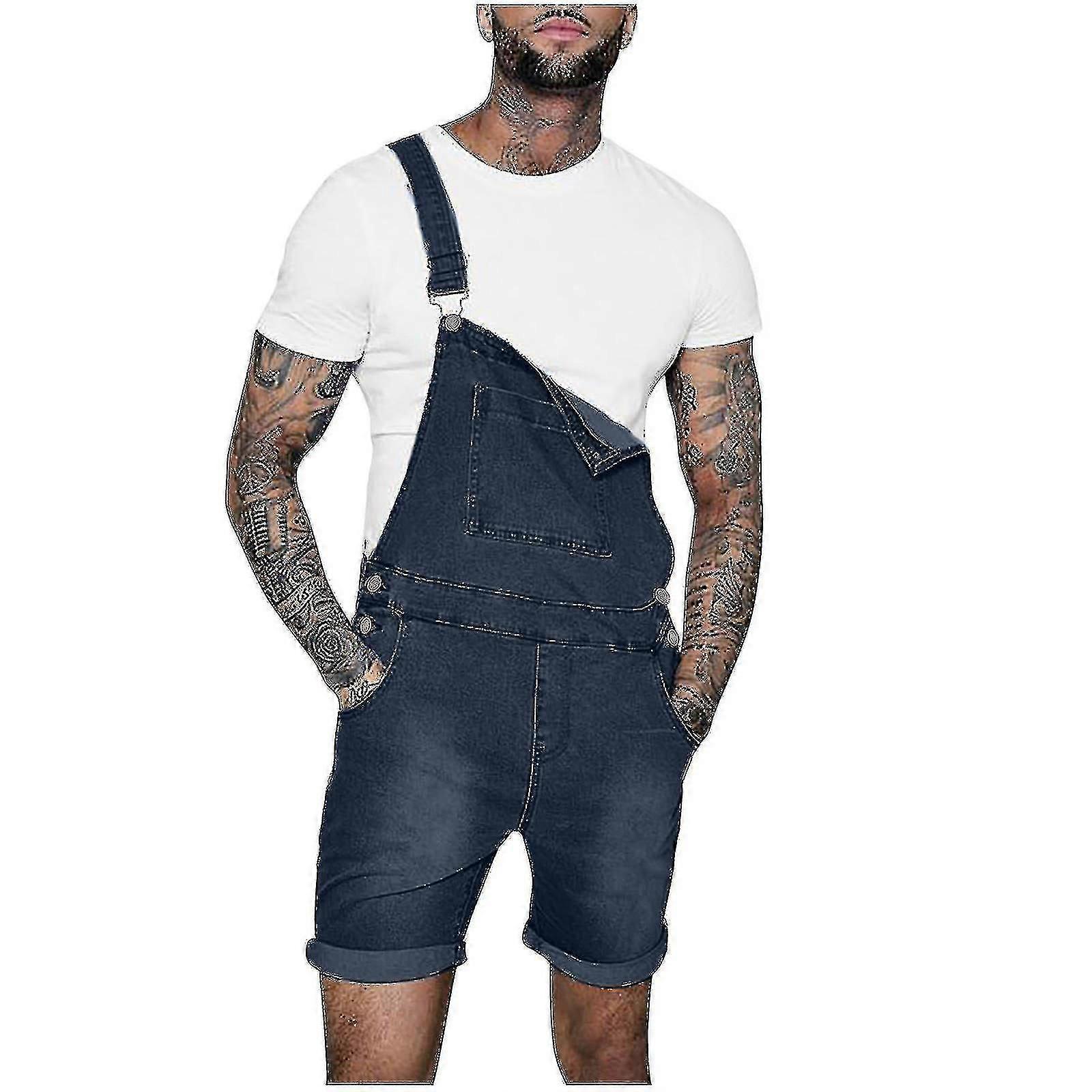Dunkelblaue Jeans-latzhose, Gerader Schnitt, Einfarbig, Mit Brusttasche – Modell B