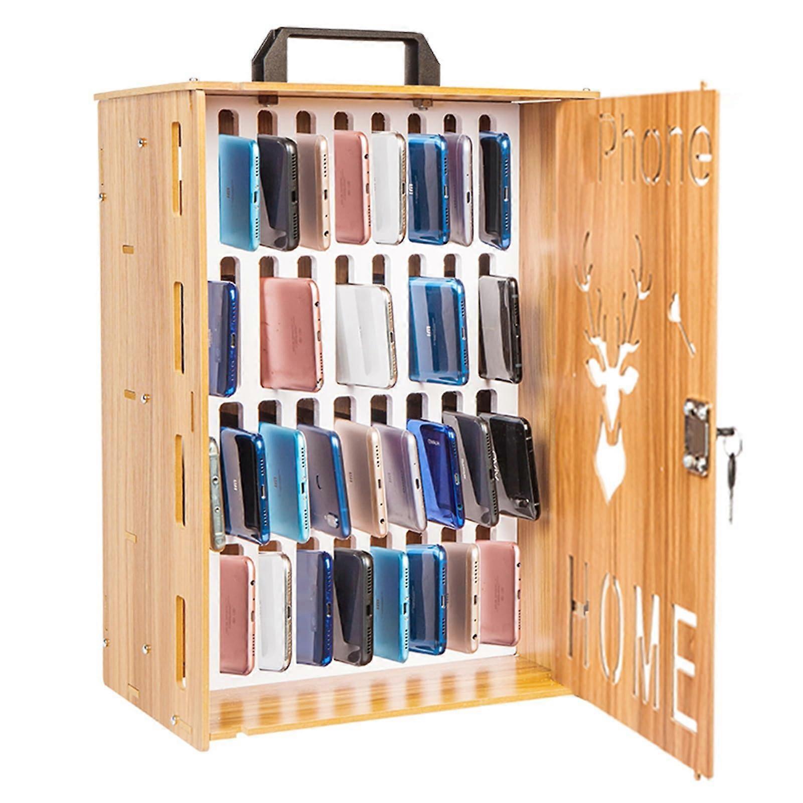 Handyschrank, 36-facher Holzsafe Mit Schloss, Tragbares Und Wiederaufladbares Design, Tragegriff, Ideal Für Schule Und Büro.