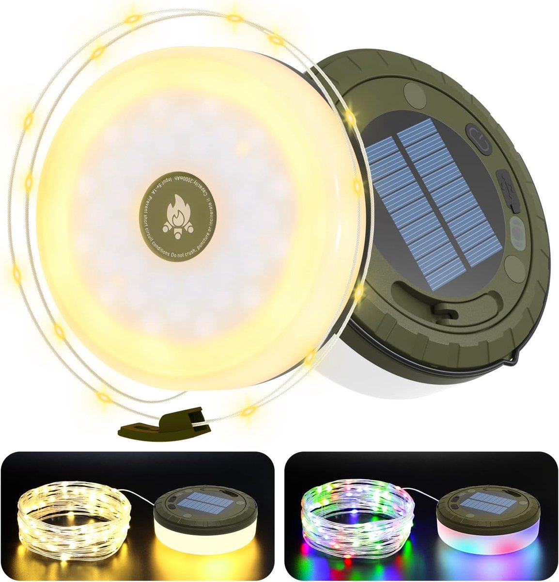 2-in-1 Solar-campinglampe Mit 10 M Einziehbarer Lichterkette, Usb-aufladbar, 8 Beleuchtungsmodi, Geeignet Für Zelt, Wandern Und Terrasse, Olivgrün Und Weiß.